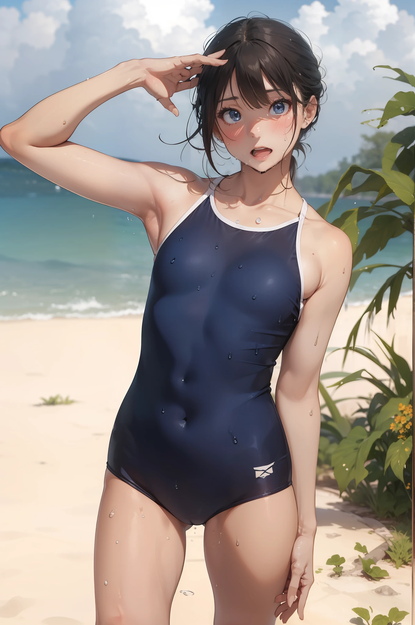 ((top-quality))、((​masterpiece))、girl with、Formal-up、beautiful detailed eyes and face、pretty skin、Realistic、a very cute、22year old、School swim wear(Dark blue color、Simple design、Matte texture、Wrinkle、Wet、Polyester material、shadings、)Wet body、Anime Face、Beautie、Facing the front、big eye(Beautiful fece、Anime Face、Clear eyes、Fine details、beautidful eyes)Well-formed face(Beautiful nasal muscles、Perplexed、sharp mouth)full of sweat、sodden、Wet feeling、Background with(sunny sky、takeout)、8K picture quality、perfectly proportions、A slender、red blush、female focus on, hair adornments,length hair, Look at viewers,pissing、お漏らし、pee、getting wet