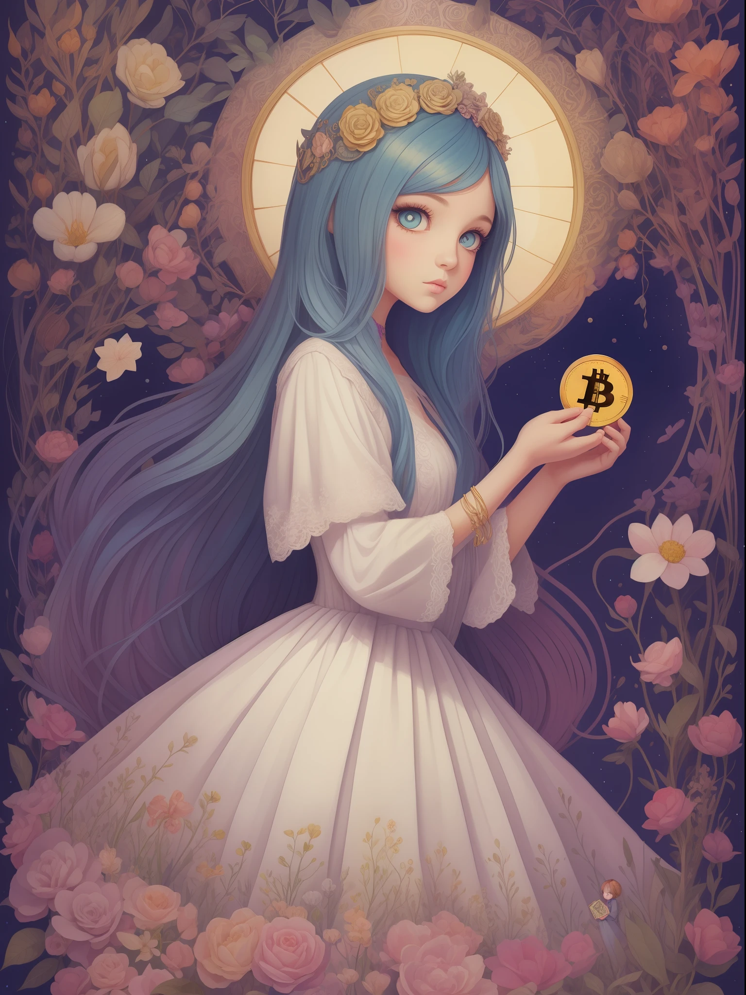 a painting of a girl in a white dress holding a bitcoin, a storybook illustration by Maryam Hashemi, featured on deviantart, pop surrealism, storybook illustration, watercolor, whimsical,style by Jasmine Becket-Griffith and mattias adolfsson