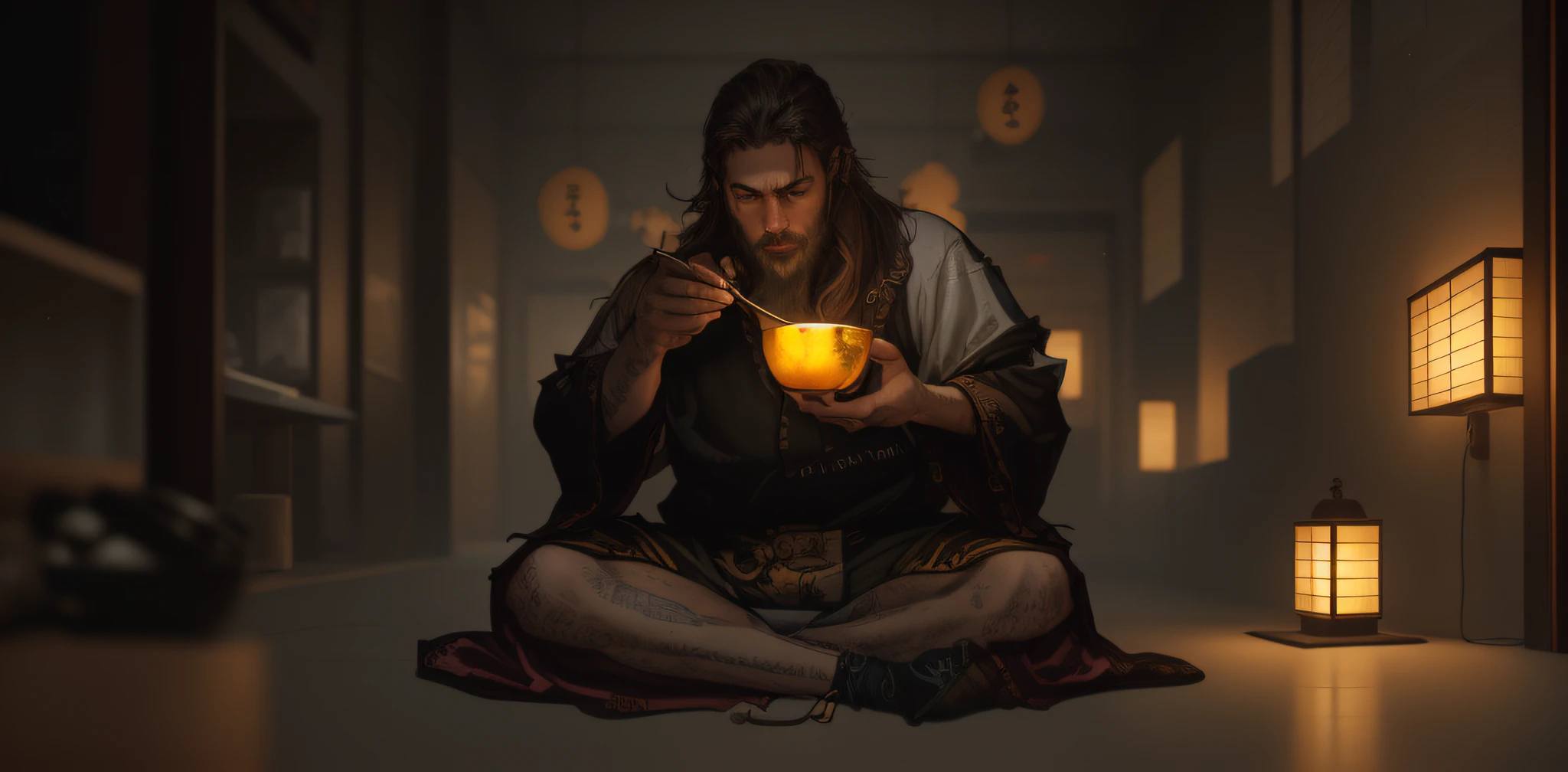 a drawing of a man with long hair and a beard eating japanese food, realistic epic, portrait by, james gilleard, by joe fenton, by kaethe butcher, yellow gradient, black, brown, and magenta color scheme, grunge aesthetic!!! soft cinematic light, adobe lightroom, photo lab, hdr, intricate, highly detailed, (depth of field: 1.4), faded, (neutral colors: 1.2), (hdr: 1.4), (soft colors:1.2), hyperdetailed, (artstation:1.4), cinematic, warm lights, dramatic light, (intricate details:1.1), complex background, (rutkowski:0.66) ), (blue and orange:0.4)