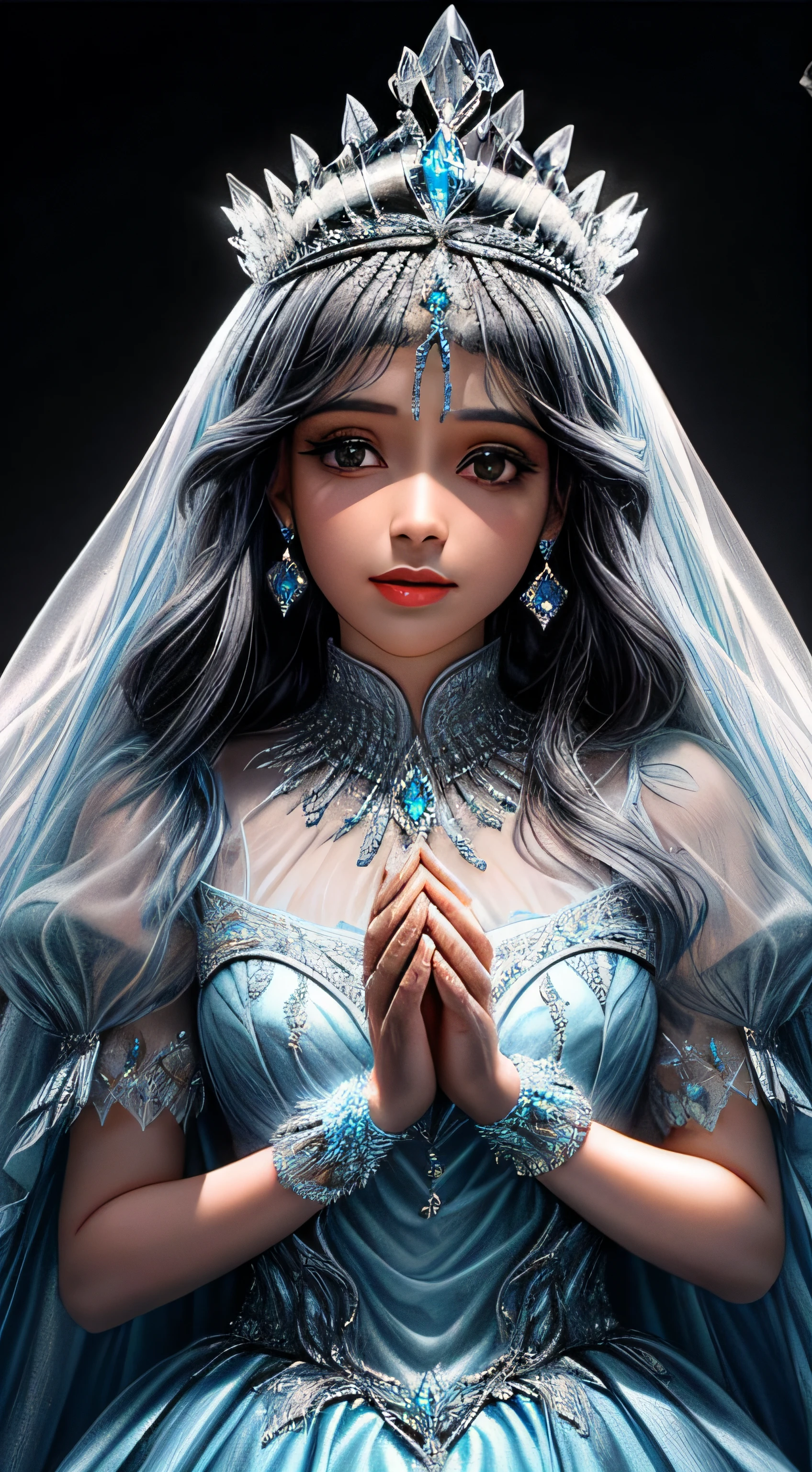 A closeup of a TIA with blue and white crystals on a black surface, tiara com safira, Coroa de joias, coroa de joias, tiara azul, coroa ornamentada joias, Crown of the Silver Prince, coroa de cristal, coroa real, coroa de engrenagens azuis e diamantes, realeza enfeitada e incrustada, usando uma coroa de diamantes, coroa de prata, Coroa da Rainha