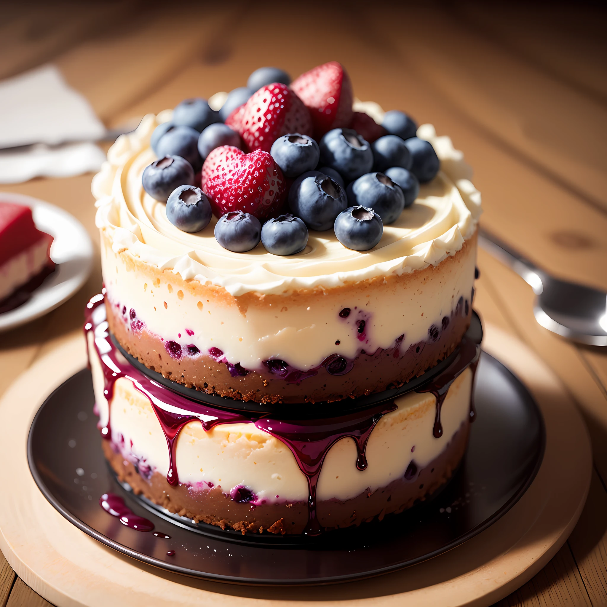 Blueberry Cheesecake, ultra realistic, ultra detailed, Adobe lightroom, --auto