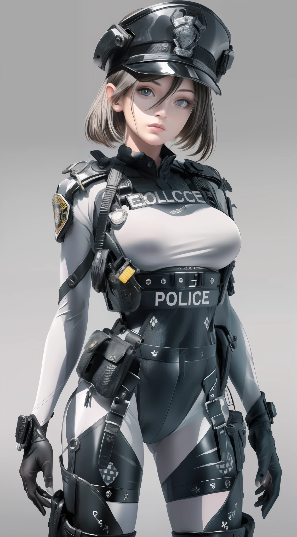 Best picture quality，tmasterpiece，woman，Blue and white police uniforms，Perfectly proportioned body，Exquisite facial features，Hyper-realistic