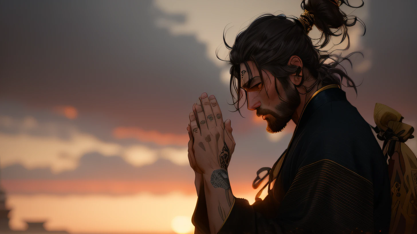 a drawing of a man with long hair and a beard, japanese samurai, background 16th century japan scenery, realistic epic, portrait of, james gilleard, joe fenton, kaethe butcher, yellow gradient, black, brown, and magenta color scheme, grunge aesthetic!!! soft cinematic light, adobe lightroom, photo lab, hdr, intricate, highly detailed, (depth of field: 1.4), faded, (neutral colors: 1.2), (hdr: 1.4), (soft colors:1.2), hyperdetailed, (artstation:1.4), cinematic, warm lights, dramatic light, (intricate details:1.1), complex background, (rutkowski:0.66) ), (blue and orange:0.4)