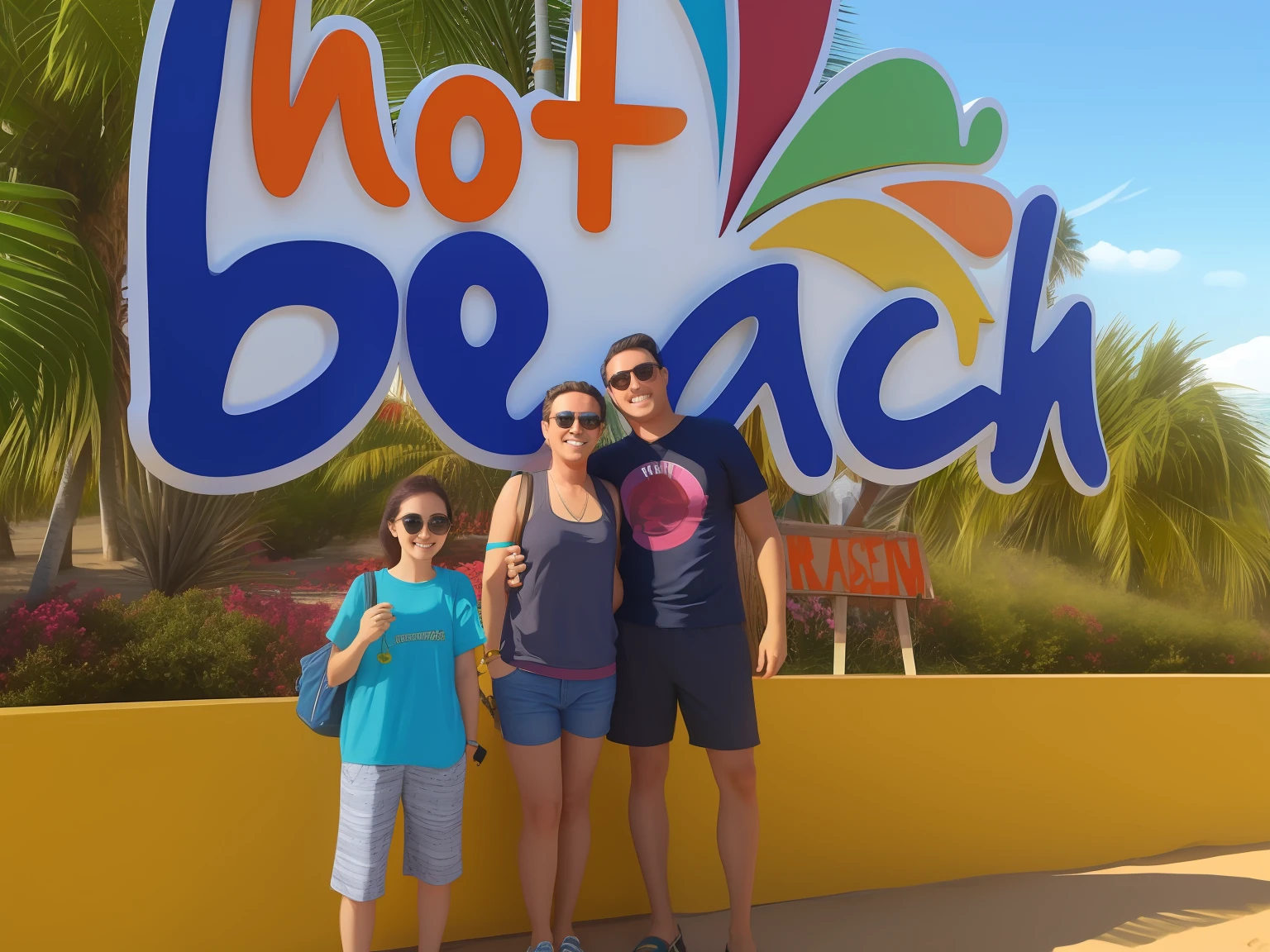 There are three people in front of a sign that Hot Beach photo familiar cartoon style in 3d