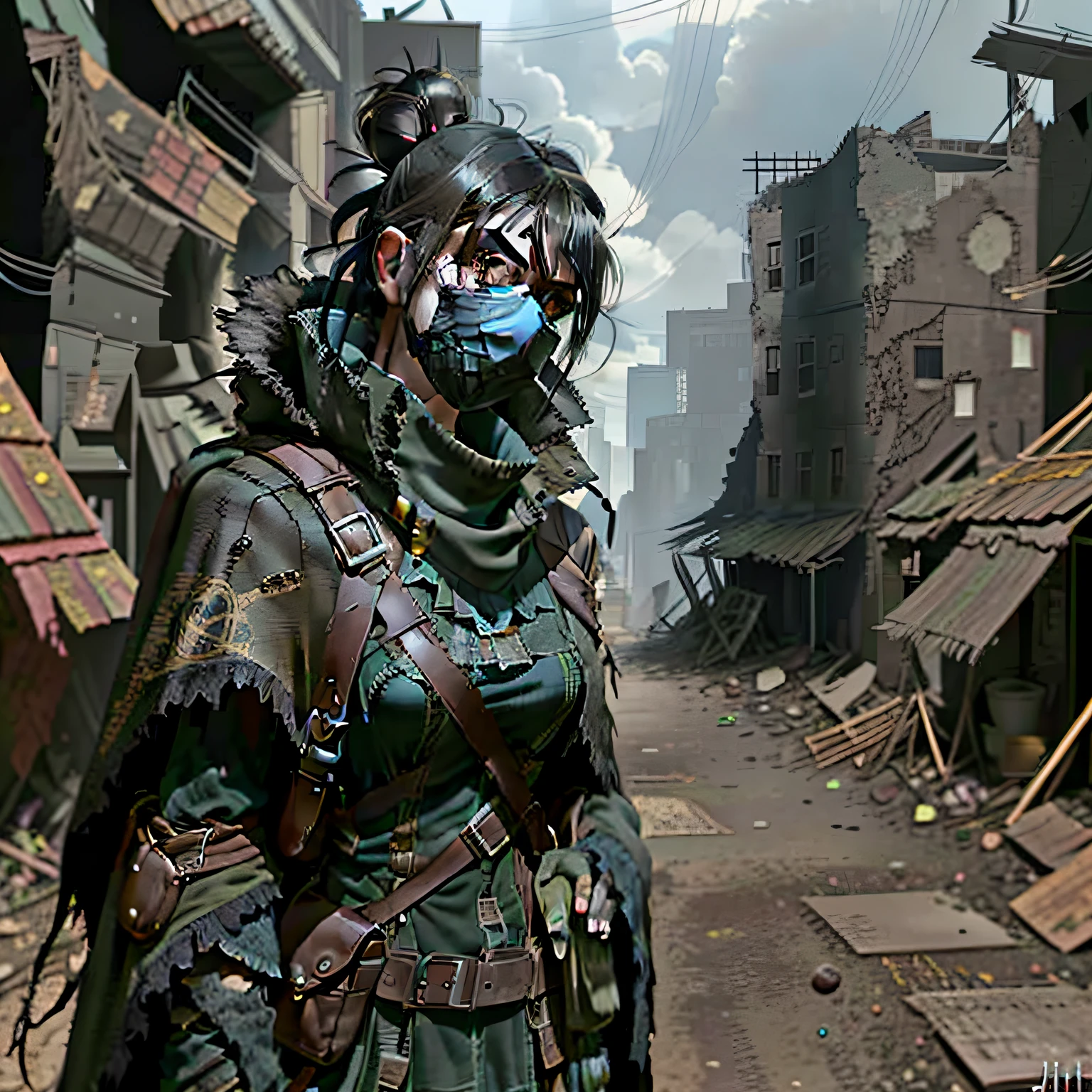 girl with black hair, post apocalyptic scenery, black cape, mask, full body
