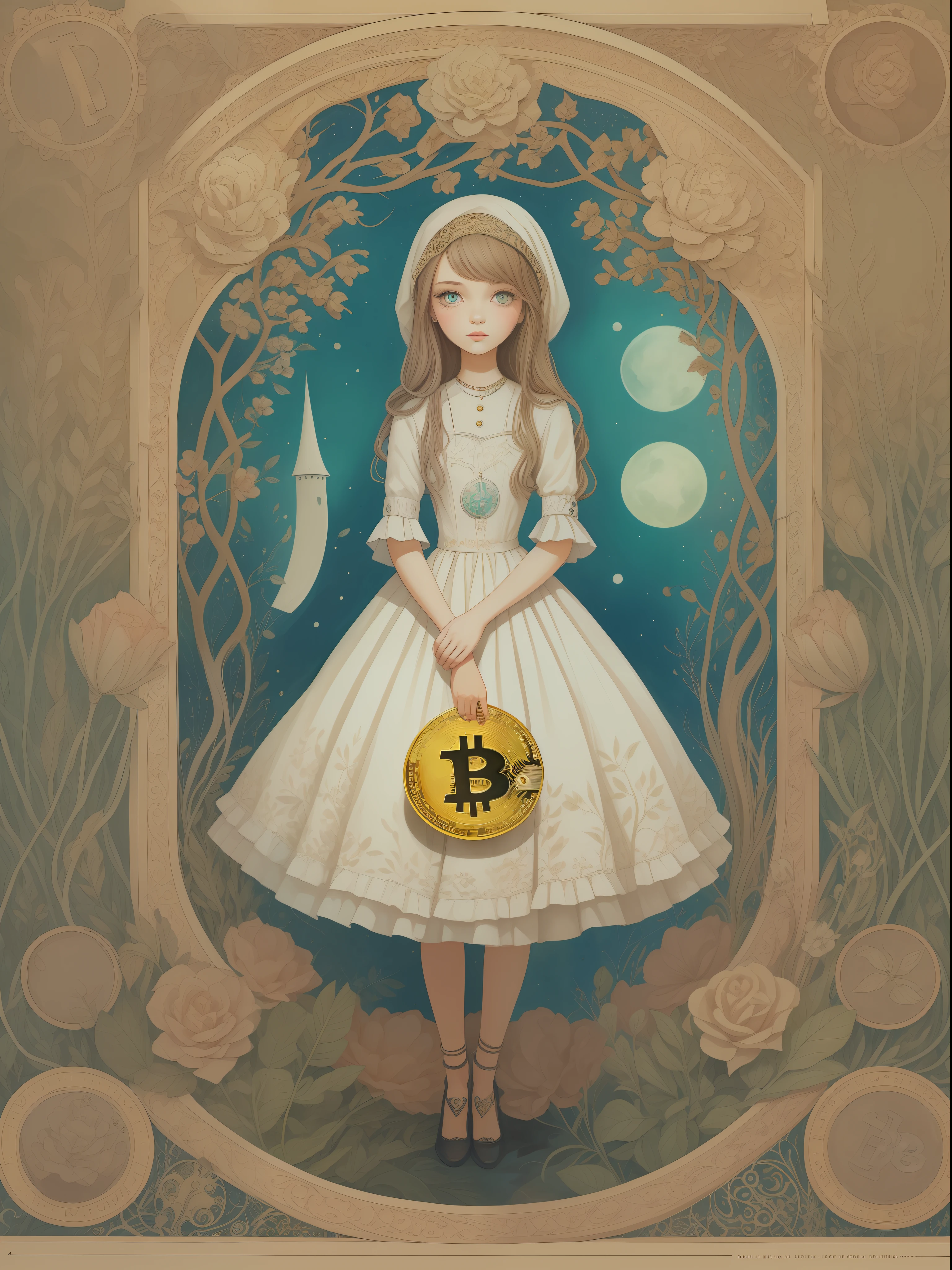 a painting of a girl in a white dress holding a bitcoin, a storybook illustration by Maryam Hashemi, featured on deviantart, pop surrealism, storybook illustration, watercolor, whimsical,style by Jasmine Becket-Griffith and mattias adolfsson