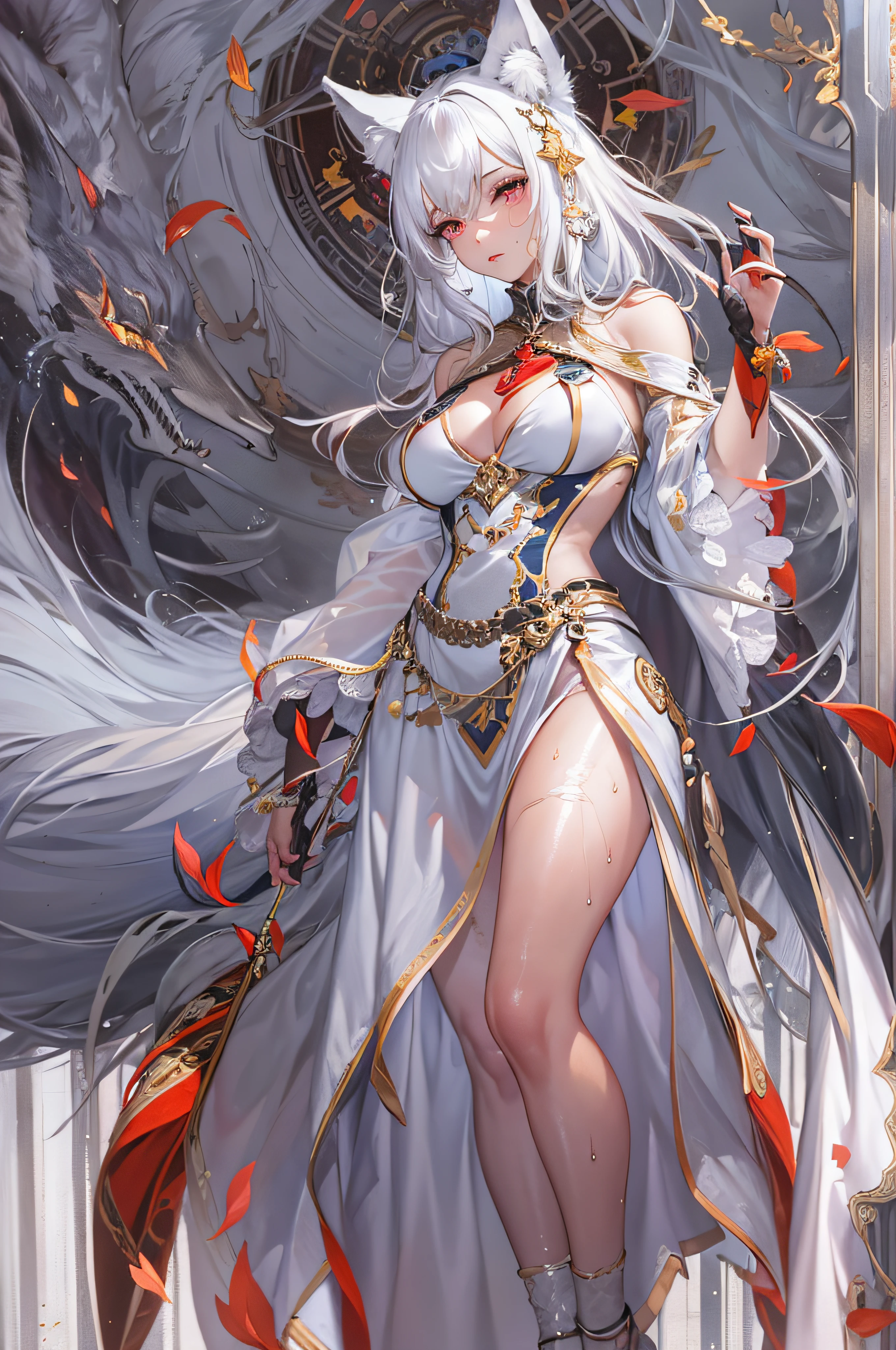 (masterpiece, top quality, best quality, official art, beautiful and aesthetic:1.2), (1girl:1.3), (fractal art:1.3),absurd, masterpiece, best quality, realistic, hyper-detailed, (shiny skin, sweaty:1.4), looking at viewer, slender, 1girl, solo, white sneakers, white miniskirt, long hair, twin tails, princess cut, white hair, red eyes, (thick thighs:0.5), dynamic lighting, high resolution, sharp focus, depth of field, medium breasts, side boob, wolf girl, animal, wolf ears, masterpiece, best quality, ultra-detailed, illustration, ultra-detailed face, best quality face, evil, 18 years old, adult, 1girl, 18 years old, white hair, alchemy outfit, intricate detailed outfit, sexy pose, glowing red dress, cute, kawaii, digital art, finely detailed eyes, blushing, red cheeks