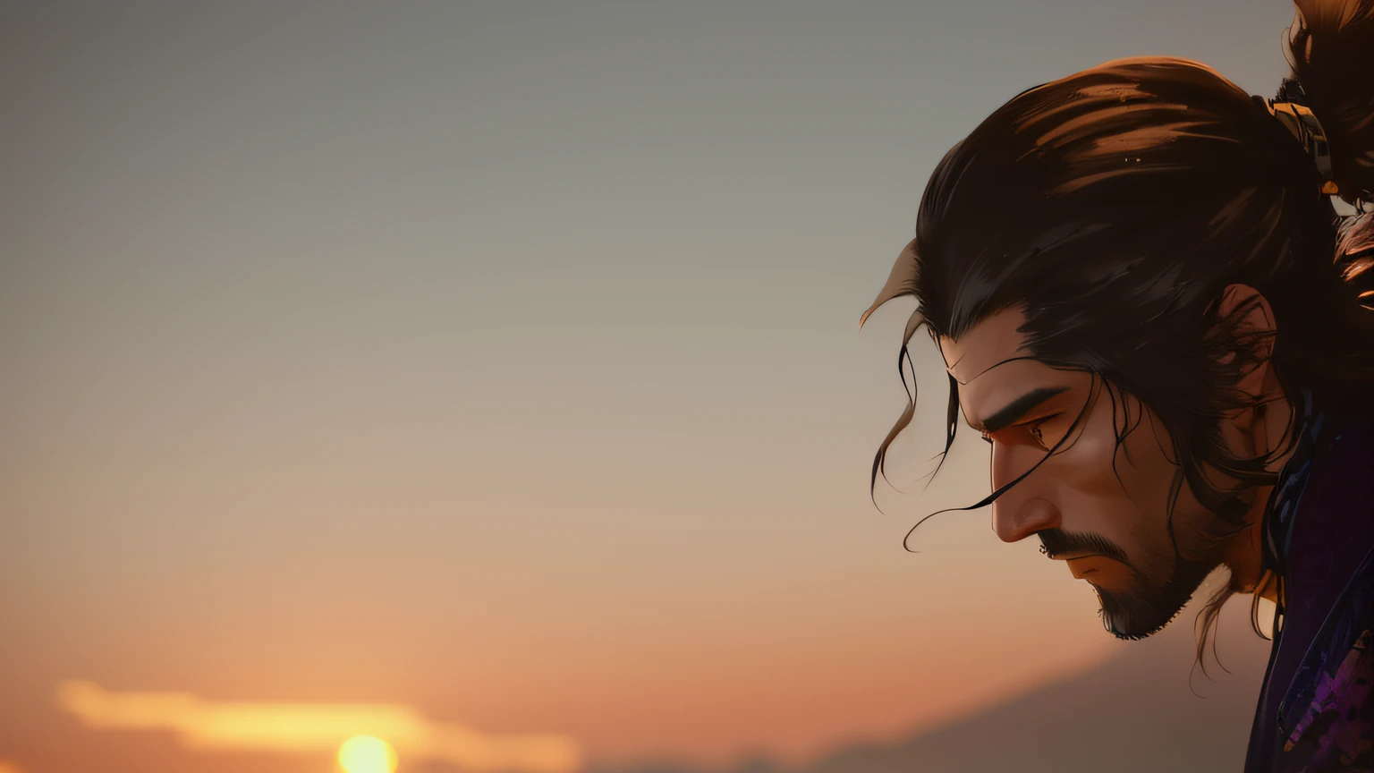 a drawing of a man with long hair and a beard, japanese samurai, background 16th century japan scenery, realistic epic, portrait of, james gilleard, joe fenton, kaethe butcher, yellow gradient, black, brown, and magenta color scheme, grunge aesthetic!!! soft cinematic light, adobe lightroom, photo lab, hdr, intricate, highly detailed, (depth of field: 1.4), faded, (neutral colors: 1.2), (hdr: 1.4), (soft colors:1.2), hyperdetailed, (artstation:1.4), cinematic, warm lights, dramatic light, (intricate details:1.1), complex background, (rutkowski:0.66) ), (blue and orange:0.4)