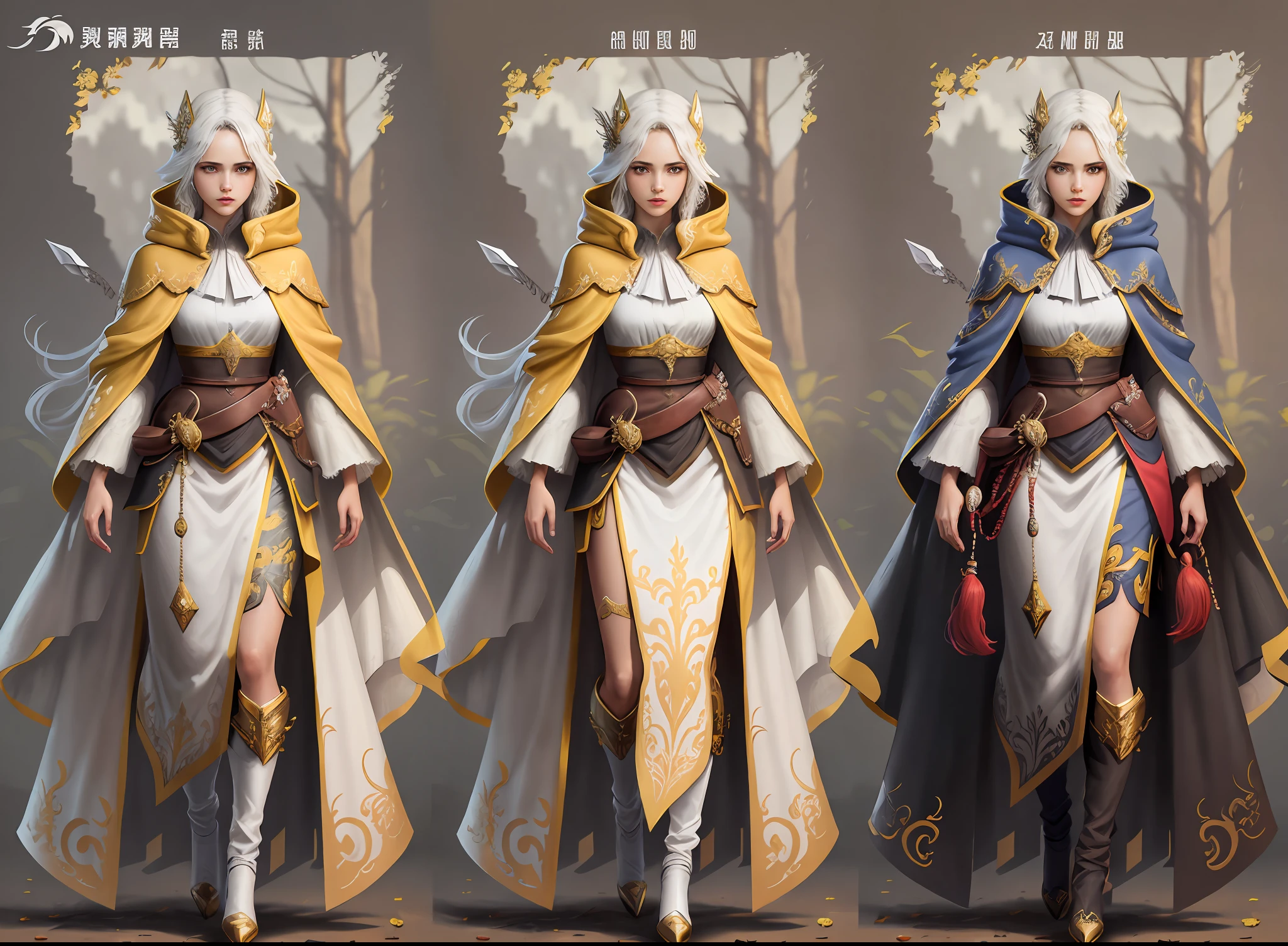 INDICATION: folha de caracteres, THREE-VIEW DESIGN, foto de corpo inteiro, design de personagens do jogo, BYXIAOFEIYUE, Girl with white cape and hood and gold pieces, cabelos brancos com estrias, fundo da floresta , -- AR 16:12 -- ESTILO EXPRESSIVO