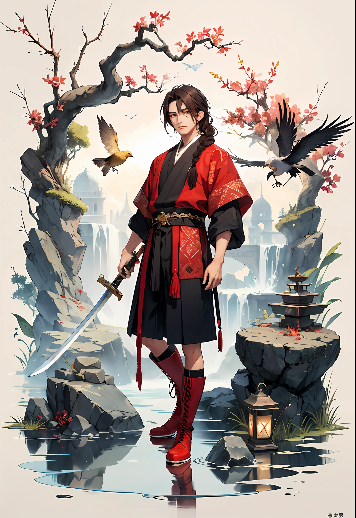 ink ,scenery tangbohu huaniao break
sword ,stone,melting, abstract, dust ,water splash,long hair, boots, 1boy, very long hair, braid, black hair, bug, bird, branch, looking at viewer, yellow eyes, red footwear, brown hair, traditional media,