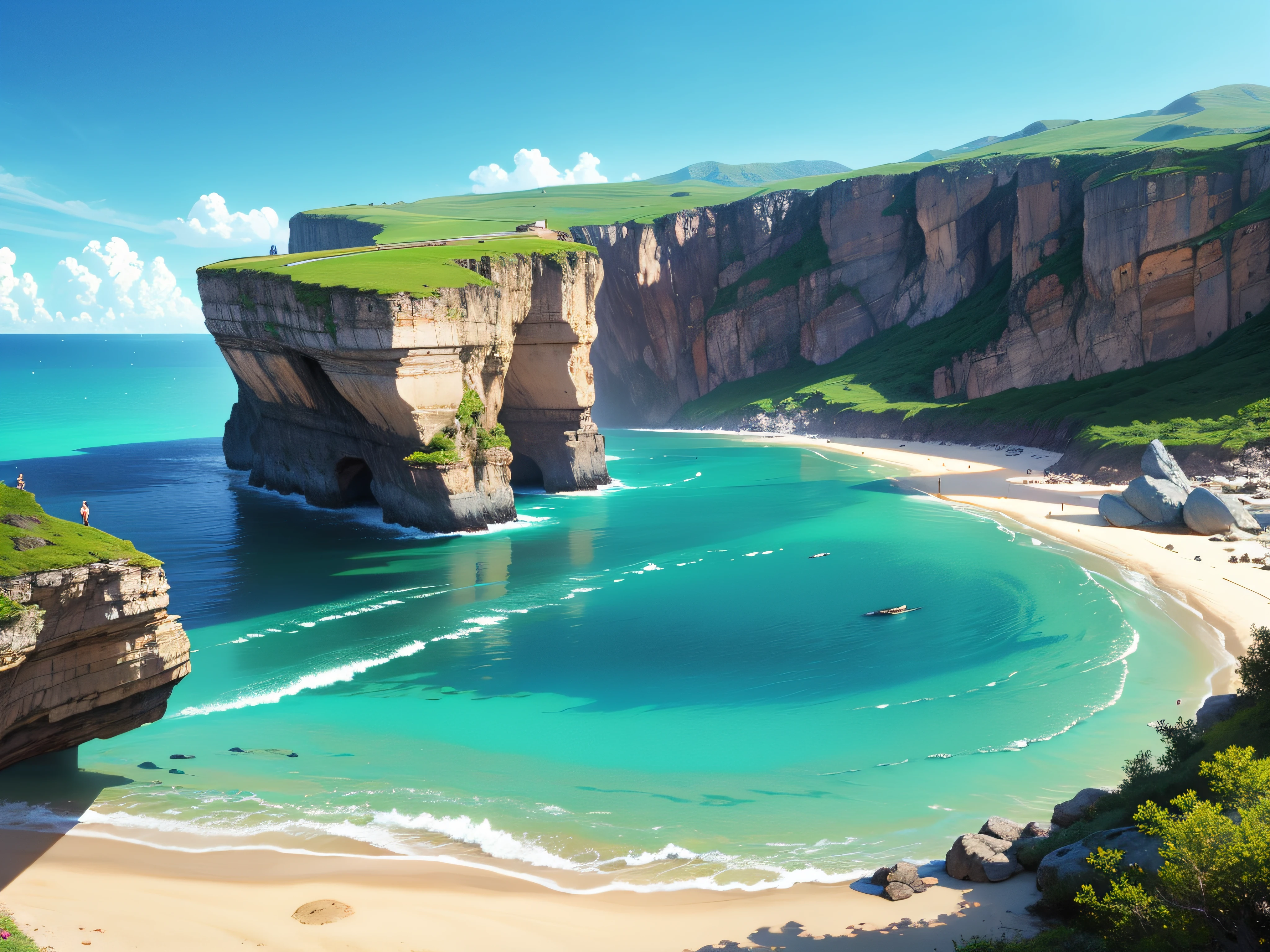 A breathtaking landscape, with imposing cliffs next to a beach of clear sands and turquoise waters.