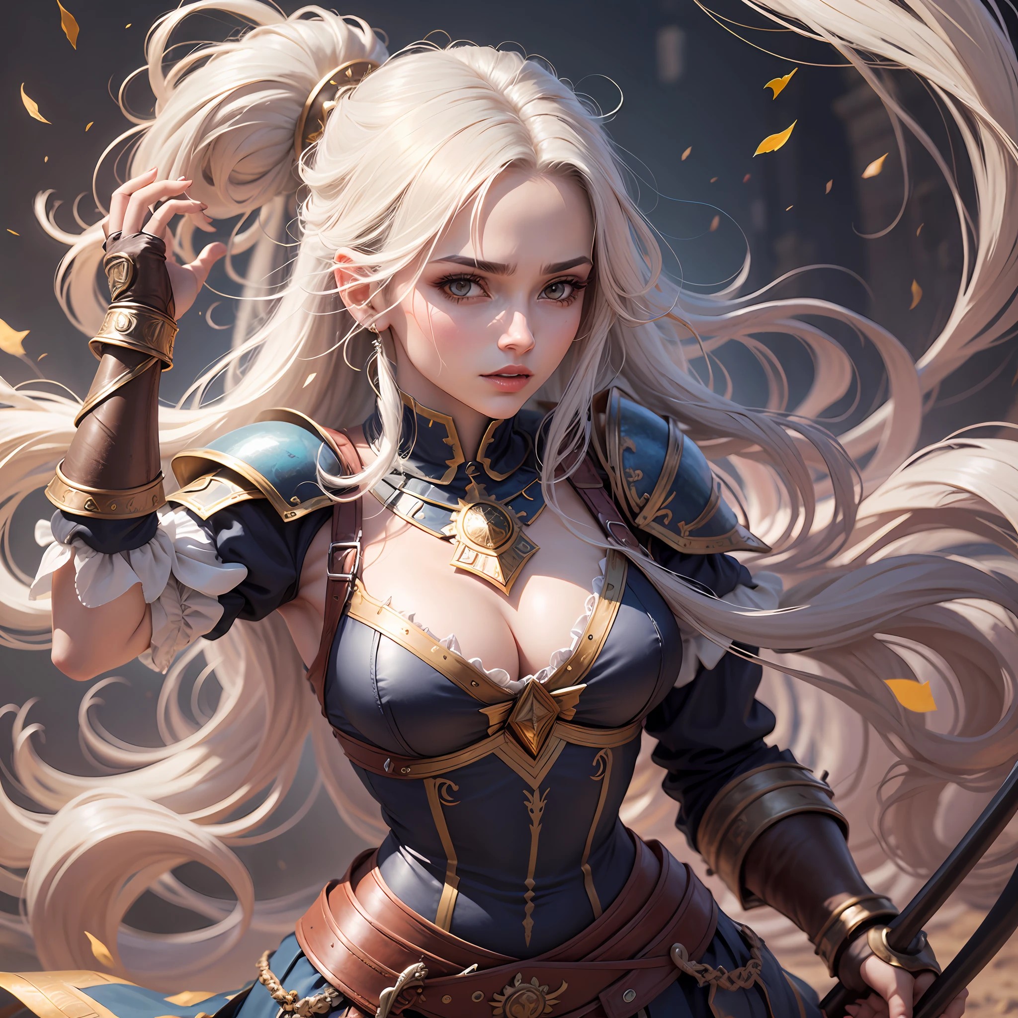 /uma mulher loira, alta com cabelos compridos, olhos azuis, com uma roupa branca de gladiadora, empunhando uma espada, no alto de uma montanha. --auto --s2