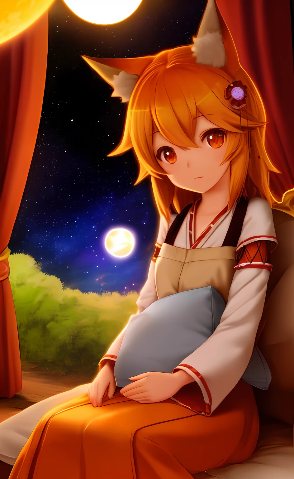 "Senko, adorable lolita fox girl, sitting on a pillow, cozy, lifelike, mesmerized by a mystical, radiant orange orb containing a miniature galaxy inside. She has the orb sitting on her lap. Her ears are very realistic, and her hands are anatomically correct She has very detailed fur.", a woman sitting on a couch in front of a window, rin, kagamine rin, anime background, young anime girl, anime visual of a cute girl, cute anime girl, from touhou, made with anime painter studio, loli, anime girl desktop background, hd anime wallaper, nightcore, anime wallaper, anime style 4 k, beautiful anime girl