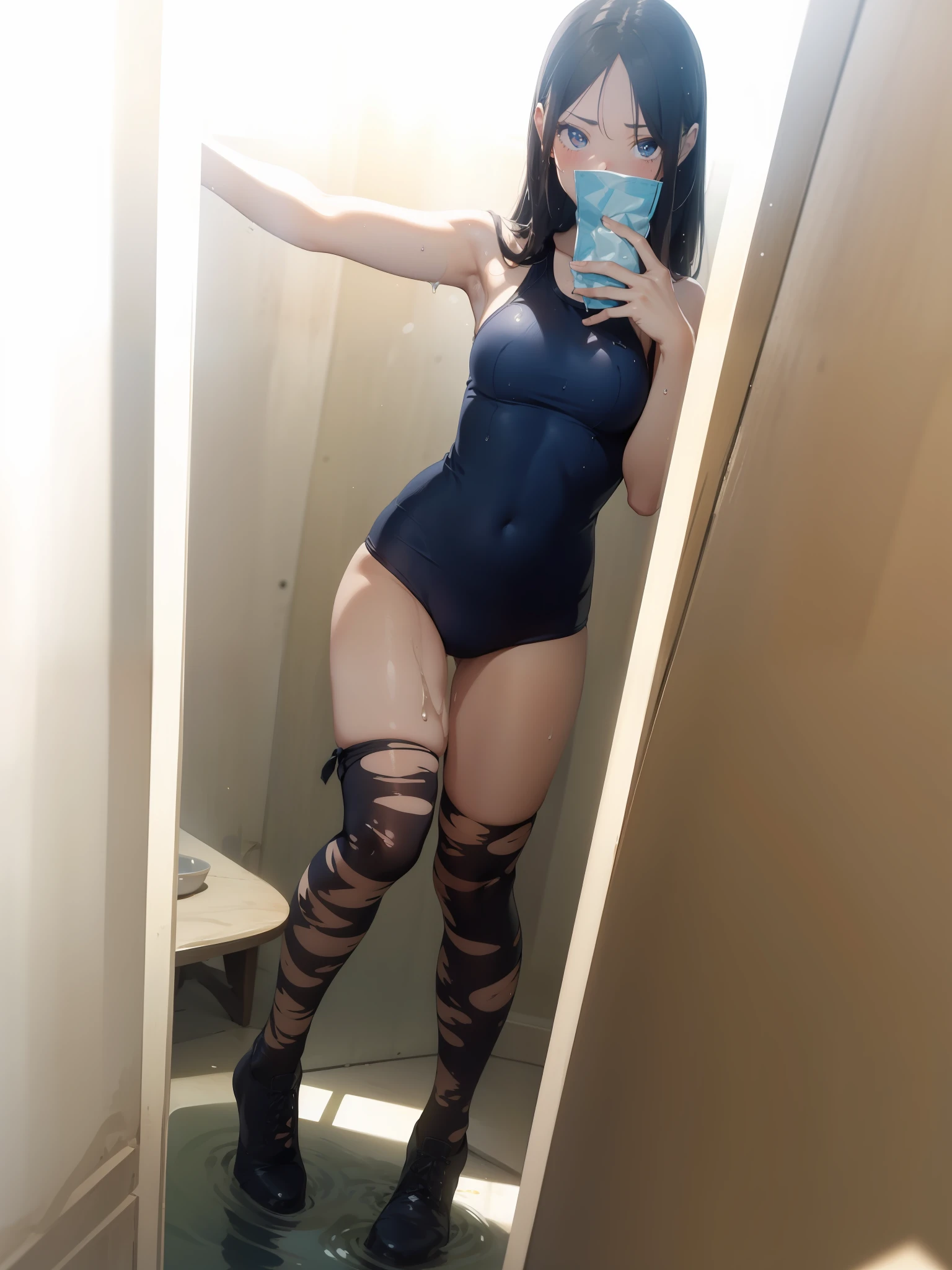 ((top-quality))、((masterpiece))、girl with、Formal-up、beautiful detailed eyes and face、pretty skin、Realistic、a very cute、22year old、School swim wear(Dark blue color、Simple design、Matte texture、Wrinkle、Wet、Polyester material、shadings、)Wet body、Anime Face、Beautie、Facing the front、big eye(Beautiful fece、Anime Face、Clear eyes、Fine details、beautidful eyes)Well-formed face(Beautiful nasal muscles、Perplexed、sharp mouth)full of sweat、sodden、Wet feeling、Background with(sunny sky、takeout)、8K picture quality、perfectly proportions、A slender、red blush、female focus on, hair adornments,length hair, Look at viewers,pissing、お漏らし、pee、getting wet