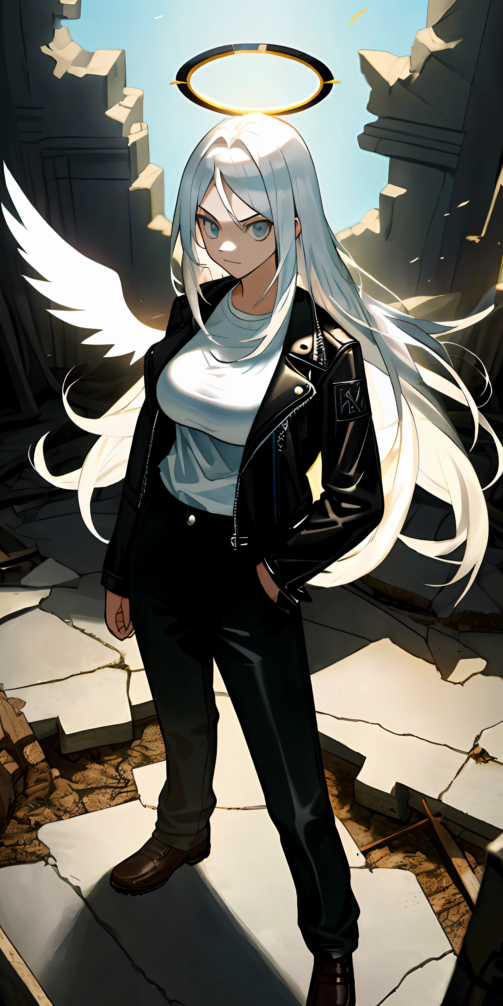 (masterpiece, best quality), teenage, normal face, big breast, 1girl with long white hair standing, black leather jacket, white shirt, warm lighting, white halo, 2 large wings, angel
