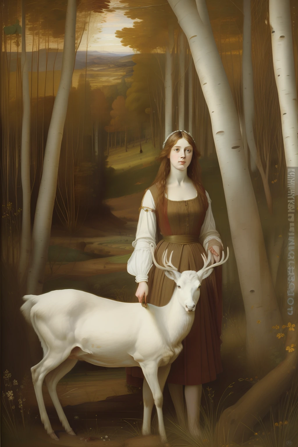 "(((Pre-Raphaelite and Renaissance painting))), qualidade excepcional, incredible details, Portrait of a Celtic maiden and a white deer in a birch forest. paisagem celta, sun sunset."