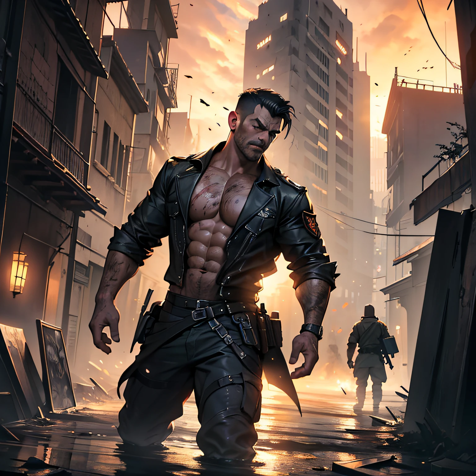 "(((obra maestra))), Calidad excepcional, Detalles ultra-realistas, cinematic scene, 8K camera, Impressive artistic style, Dynamic zombie pose, Gothic city devastated by military attack, ambiente de atardecer."