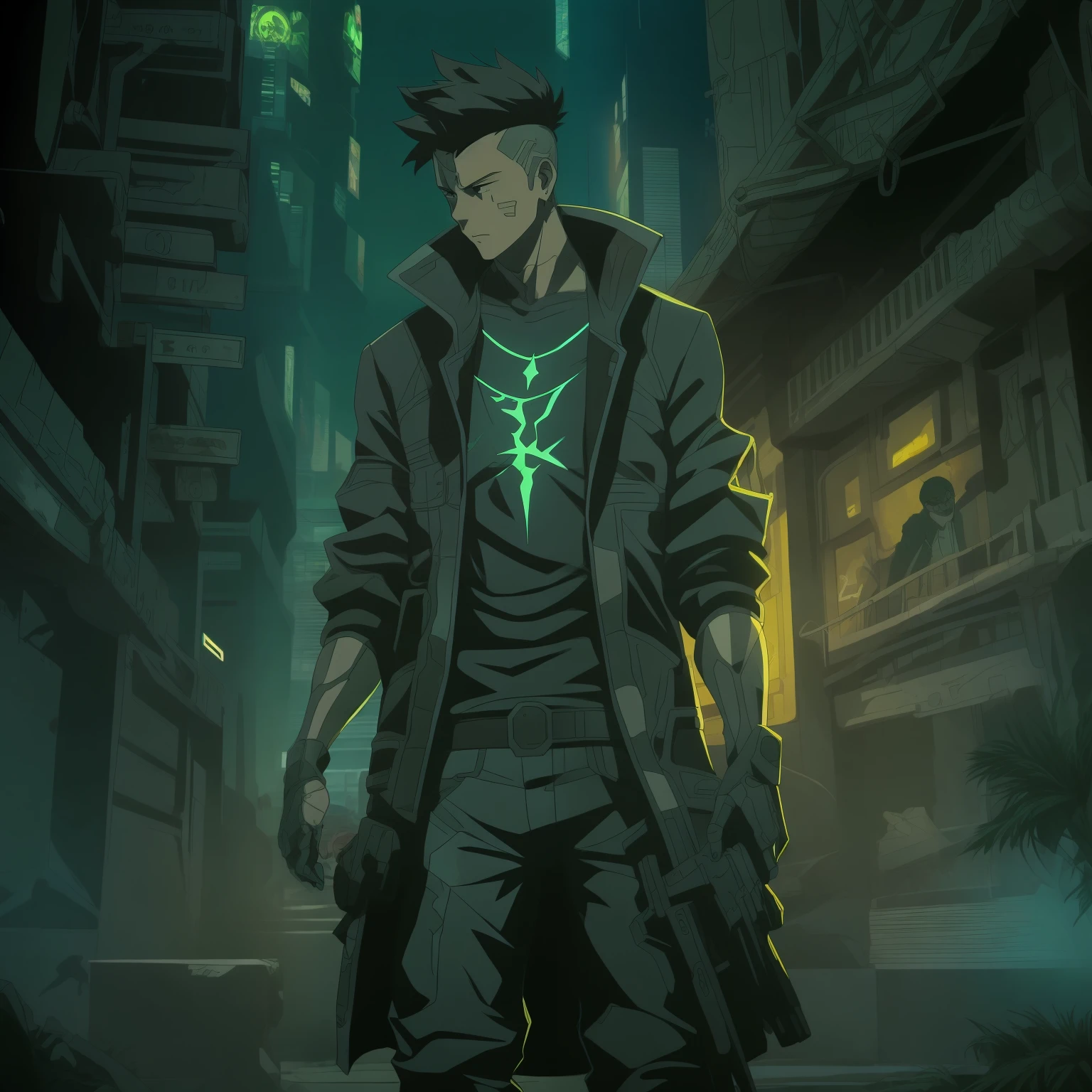 Crie a arte de um personagem humano jovem masculino, estatura mediana e porte normal, vestindo camiseta, jaqueta de trincheira longo da cor preta, estilo detetive noir, inspirado no jogo Shadowrun, cyberpunk noir fantasy