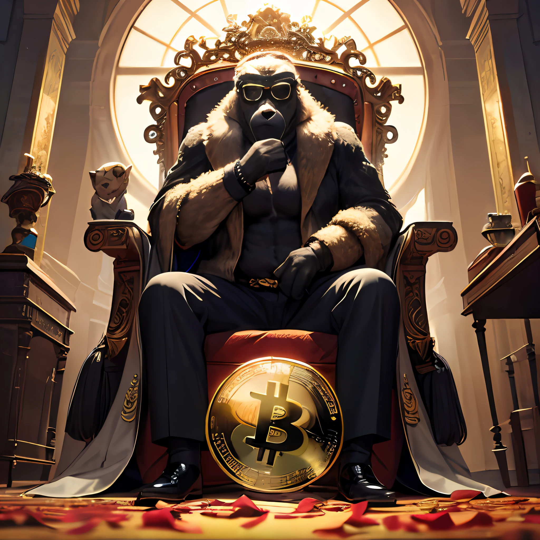 masterpiece, best quality, photorealistic ,fashionmonkey, gorilla holding bitcoin, eyewear on head, gears, gem, bitcoin,goggles , bitcoin, jewelry, magic circle,male_focus, owl, pants, shoes, sunglasses, tassel, throne,