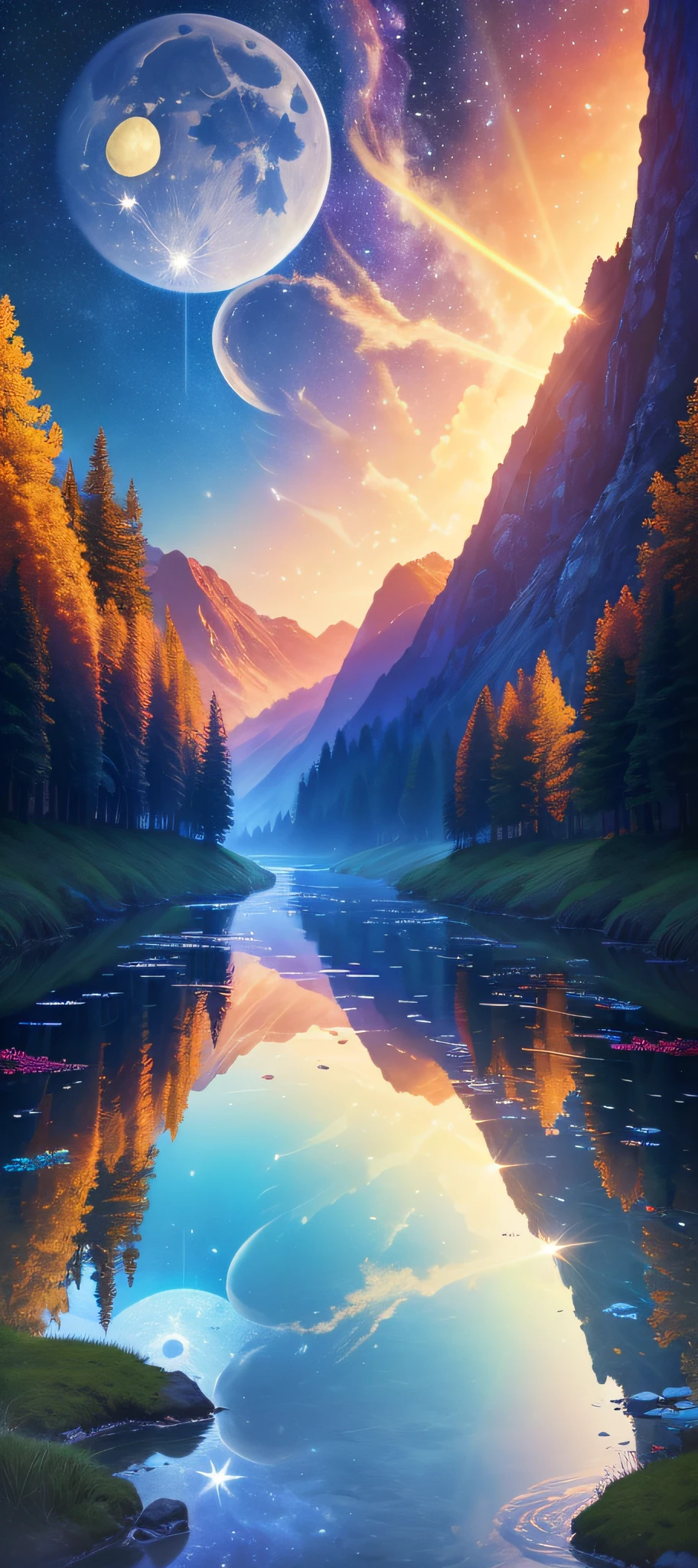Masterpiece, 8k wallpapers, extremely detailed, best quality, high quality, landscapes. ((Colorful sky)), clouds, (((Full moon, nebula and background stars))), (high mountains), Panorama, , Detail enhancement, Detail enhancement, Flawless. Award-winning photography, Depth of field, HDR, Photorealism, Highly detailed, Intricate, High detail, Dramatic, ((color image)), ((single image)), night, realistic, ((vivid colors)), ((light rays, rays)), mini river, image reflecting in water,