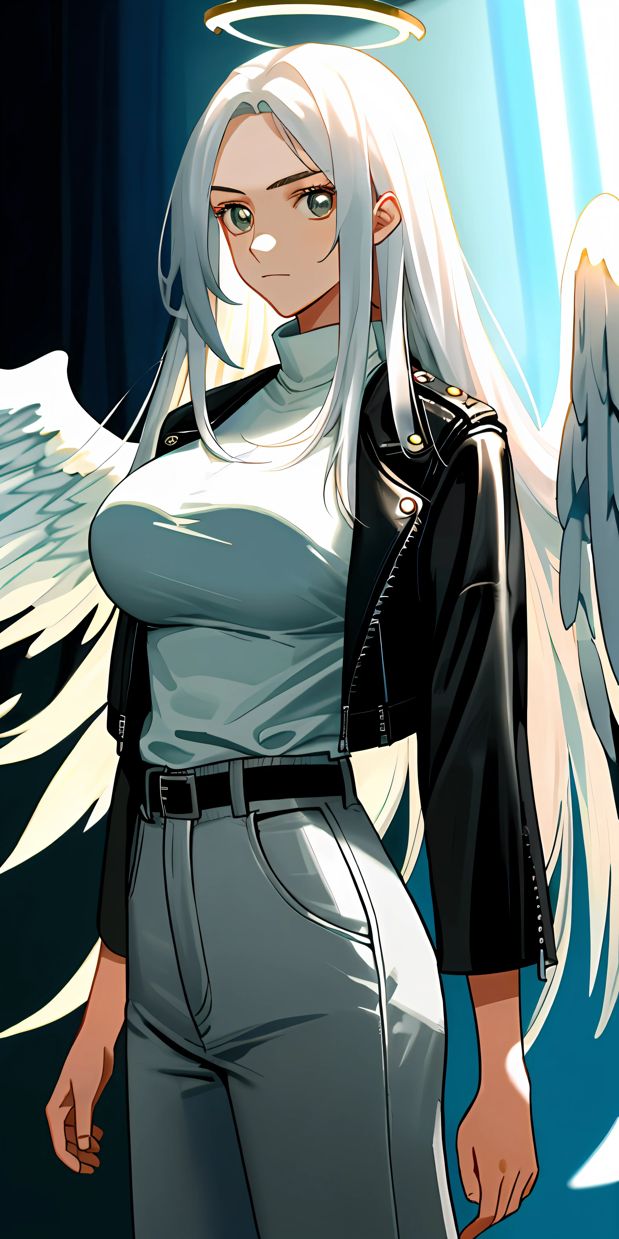 (masterpiece, best quality), teenage, normal face, big breast, 1girl with long white hair, black leather jacket, white shirt, long pants, warm lighting, white halo, 2 large wings, angel