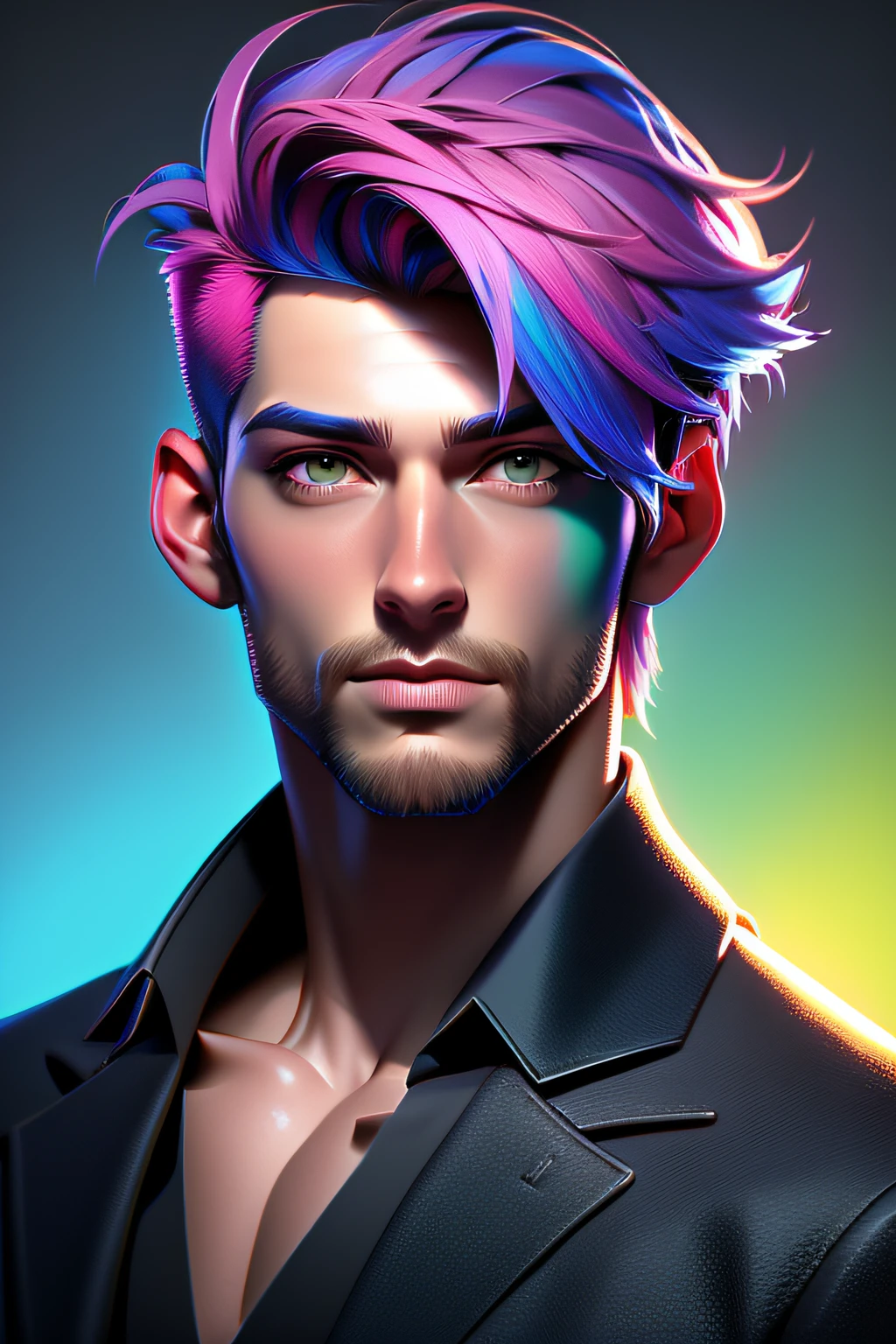 medium shot. handsome man, rainbow hair, short hair, digital painting, overdetailed digital painting, masterpiece quality, best quality,