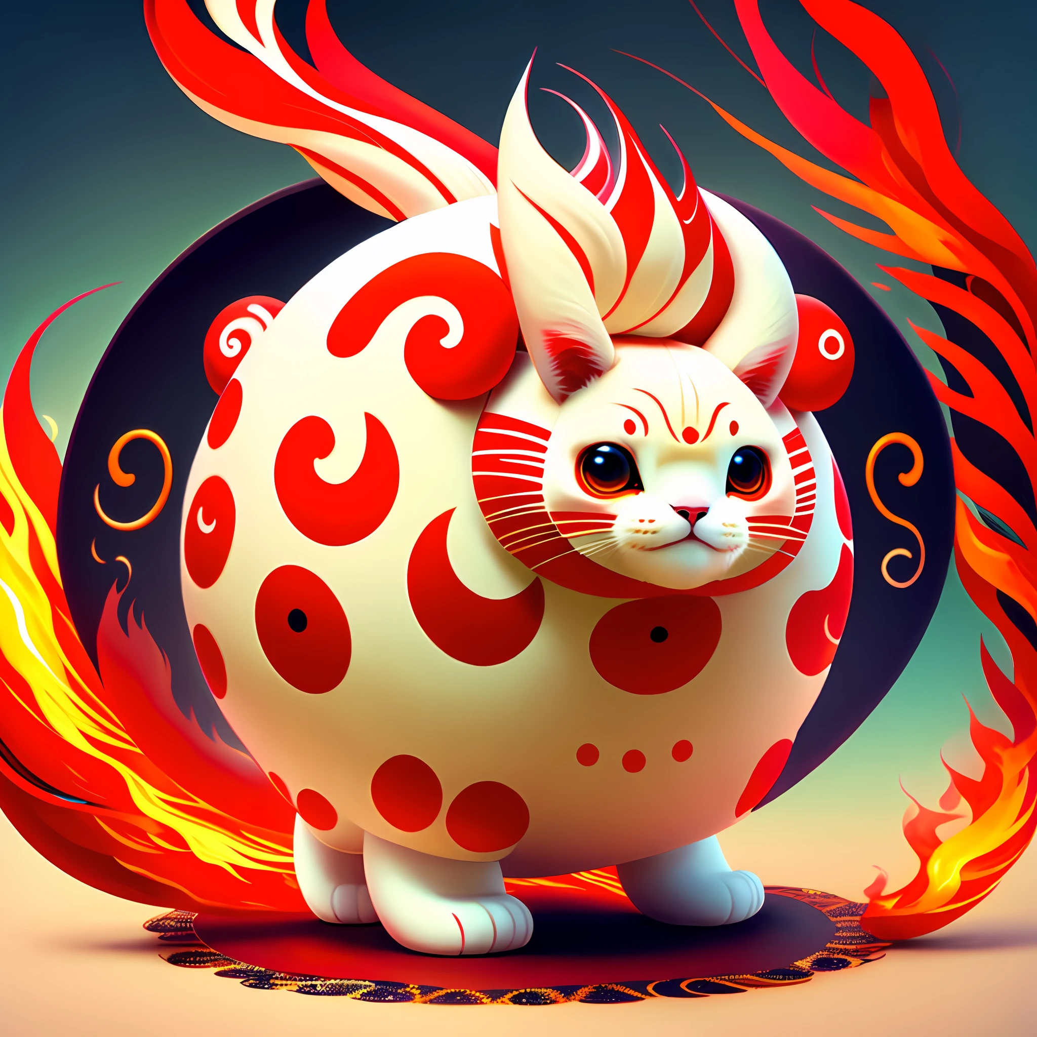 Bipedal creature resembling a round cat, cream fur, red cheek swirl tattoos, white small horns, floating, fire swirls surrounding, masterpiece, best quality