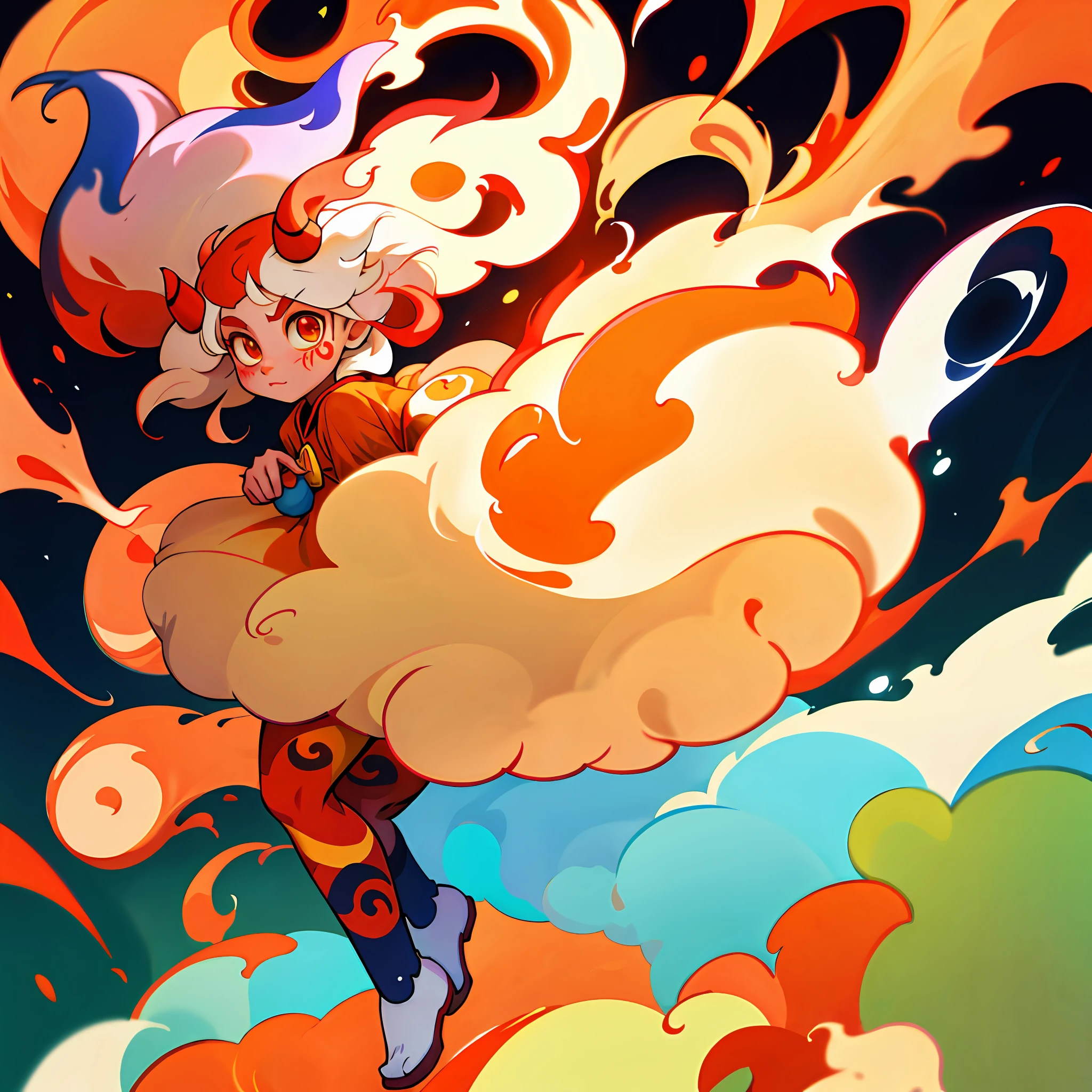 Bipedal creature resembling a round cat, cream fur, red cheek swirl tattoos, white small horns, floating, fire swirls surrounding, masterpiece, best quality