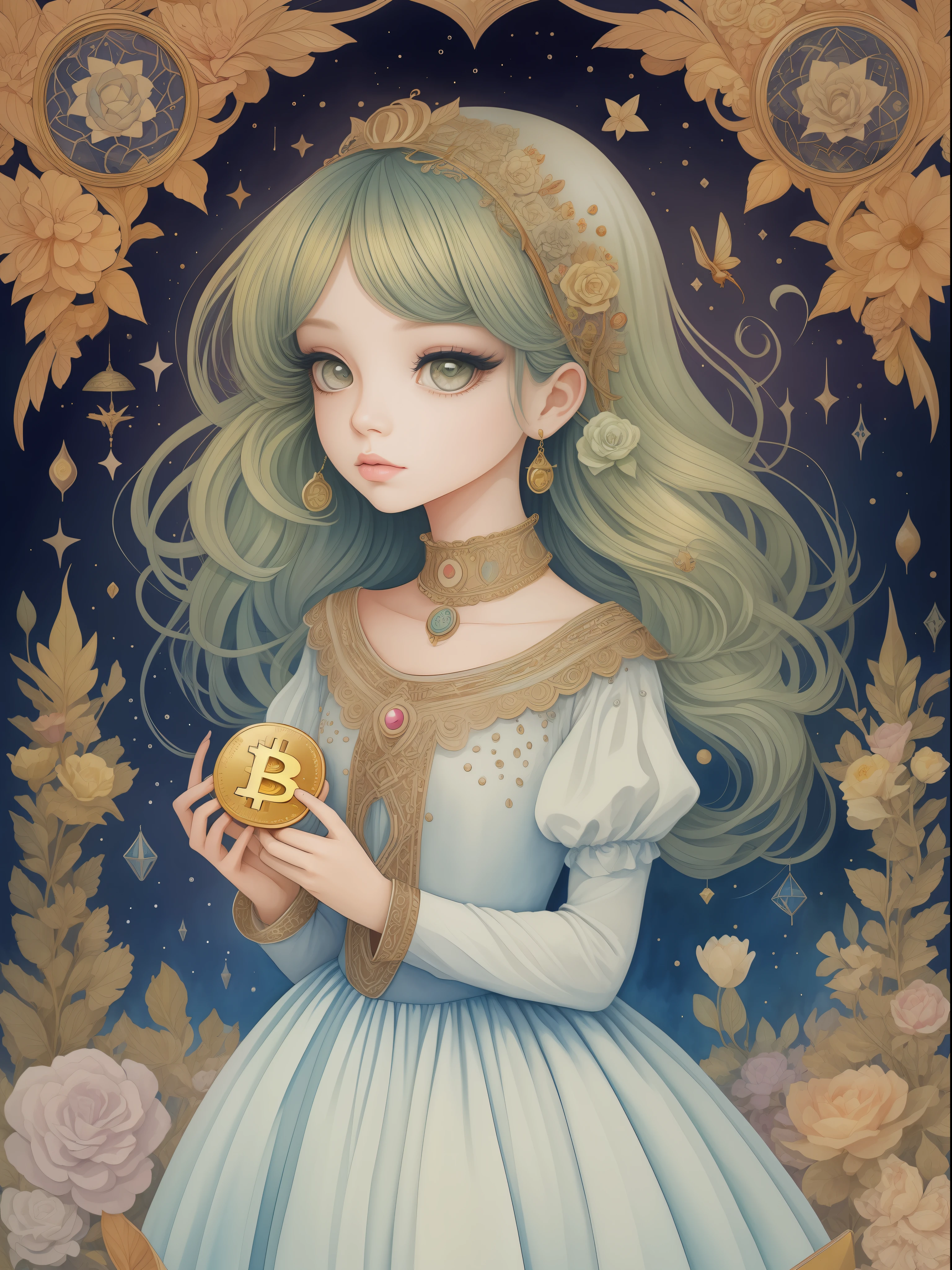 a painting of a girl in a white dress holding a bitcoin, a storybook illustration by Maryam Hashemi, featured on deviantart, pop surrealism, storybook illustration, watercolor, whimsical,style by Jasmine Becket-Griffith and mattias adolfsson