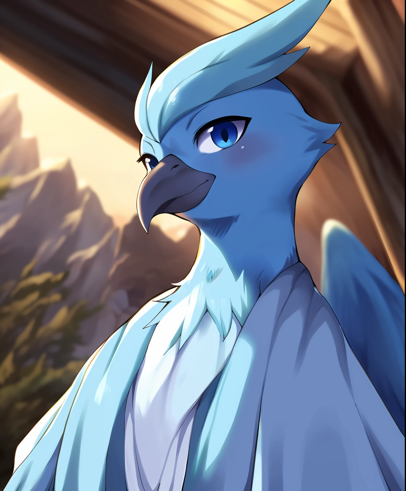 uploaded on e621, ((by Ricegnat, by Bebebebebe, by Prrrrrrmine, by Dagasi)), solo female (cyan avian Articuno) with (((dark blue and white body))) and ((blue beak)) and ((clear navy blue eyes)) and (chest fur tuft) and ((blue wings)), (detailed [avian] Articuno), ((detailed fluffy feathers)), ((three-quarter portrait, low-angle view, looking at viewer)), BREAK (standing at andes with reflection on dusk), (detailed background, depth of field, half body shadow, sunlight, ambient light on the body), (intricate:1), (high detail:1.2), (unreal engine:1.3), (sharp focus:1.1), (masterpiece, best quality, 4k, 2k, shaded, absurd res)