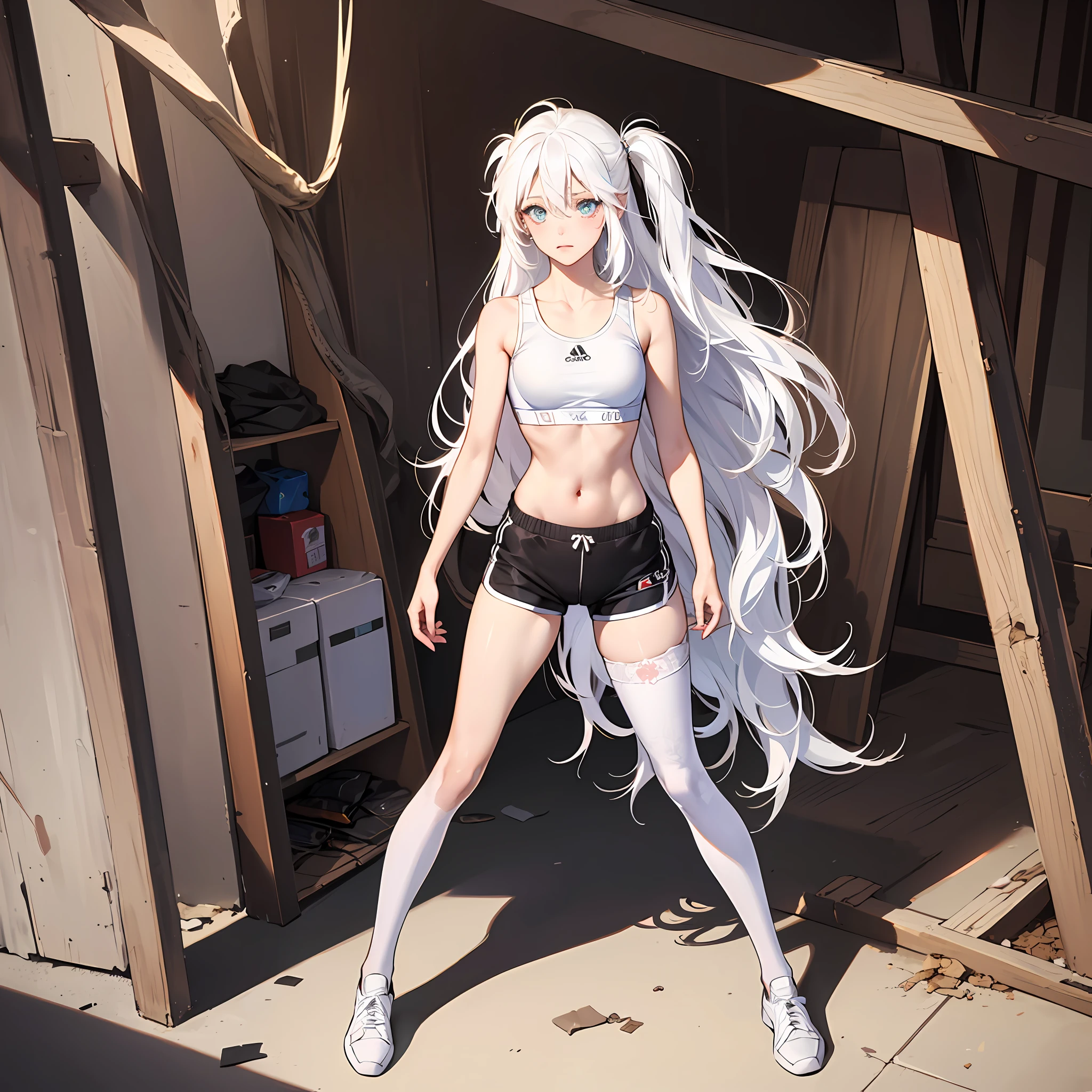 Beauty, ((Clothes damaged)), (((Shy))), ((Legs apart))), ((Sports Bra)), (Shorts), Full Body Drawing, Ultra Detailed, Master Artwork, Highest Quality, 8K Resolution, (Fine Details), ((Extreme Color))), Beautiful Eyes ((Two Side Up), (Detailed Engraving), White Stockings, ((Long White Hair, Messy)) --auto