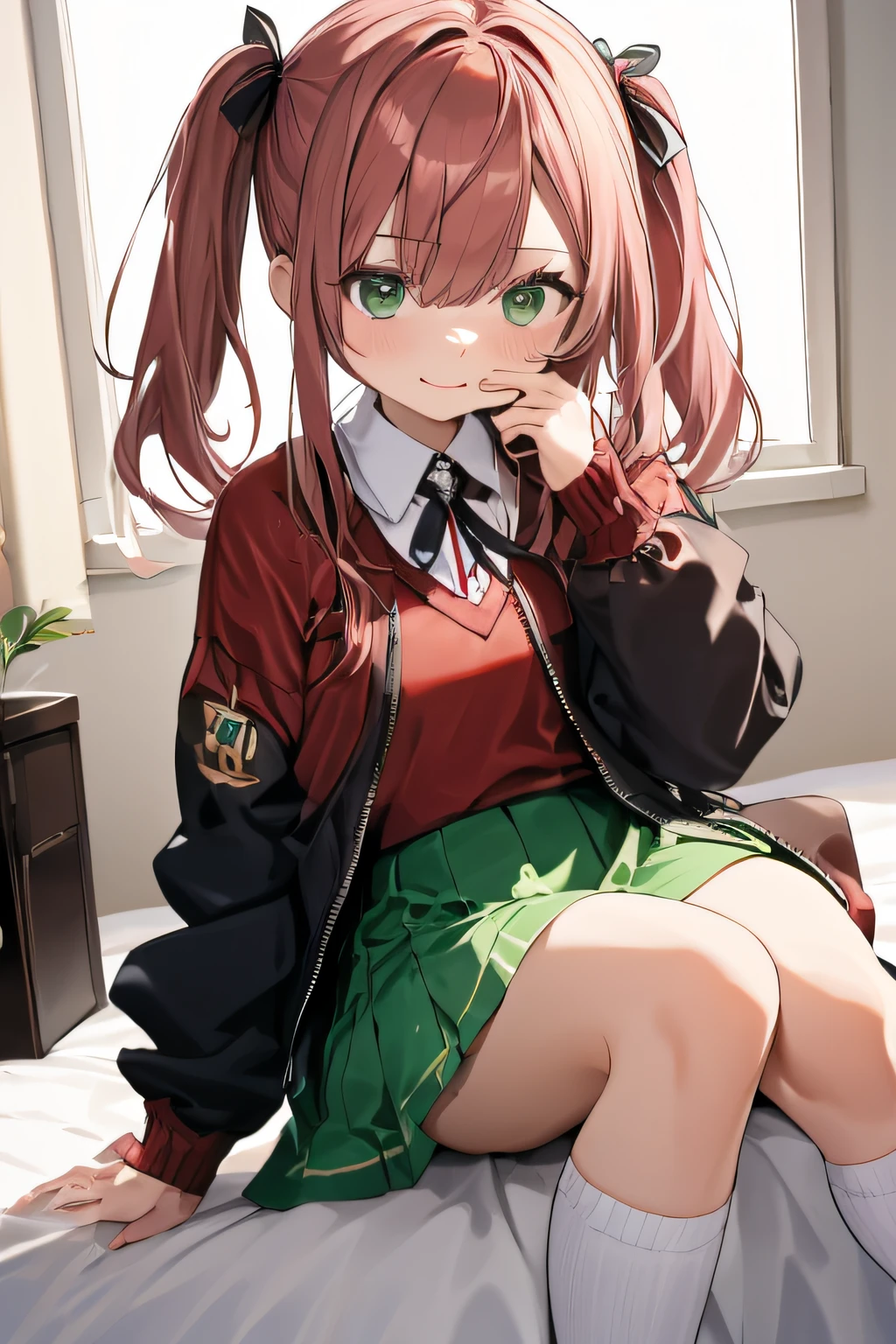 (tmasterpiece:1.2), best qualtiy, A high resolution, Unity 8k Wallpapers, (illustratio:1.0), (美丽细致的眼睛:1.6), Extremely detailed face, Perfect litthing, extremaly detailed cg, (perfect hand,perfect anatomia), (Dynamic angles and poses:1.3), Good angle, (1girll, 独奏:1.5), Breaking Nakano January, a skirt, Star hair ornaments, (Green skirt:1.2), jaket, (pleatedskirt:1.2), ahoge, The shirt, White socks, white shirt, (Red sweater 1.6), looking at viewert, 校服, collared shir, (Open your clothes, Open the jacket:1.4), longer sleeves, Knees, black black jacket, Sweaters, mini-skirts, blazer jacket, shinny hair, hair between eye, blue jacket, Shiny, wing collar, nedium breasts, cheerfulness, sweat leggs, Keep one's mouth shut, BREAK BREAK BREAK (mansion:1.4), (Bedrooms:1.4),Oyama Makoto