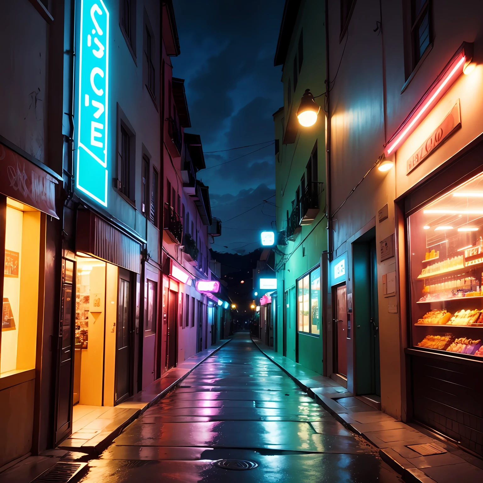 beco, chovendo,, asfalto refletindo, luzes, lojas, bares, neon lighting, arte realista,vitrines, placas de loja,