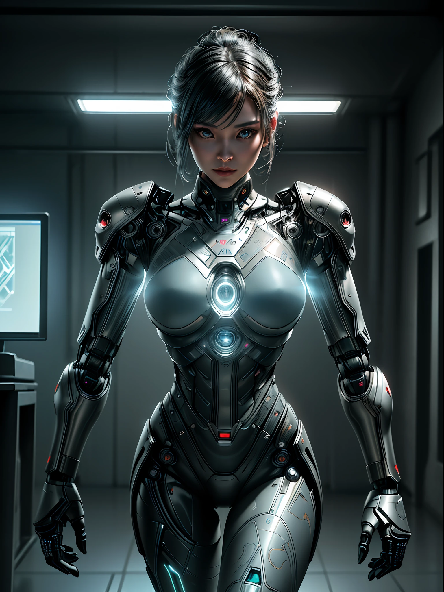 (masterpiece, high resolution, CGI:1.4), (depicting a woman with seamless robotic enhancements throughout her entire body:1.3), (her skin blending seamlessly with metallic components:1.2), (glowing circuitry running beneath her translucent skin:1.2), (mechanical joints and pistons providing enhanced mobility:1.2), (her eyes radiating with a subtle robotic glow:1.2), (intricate cybernetic tattoos adorning her body:1.2), (a metallic exoskeleton enhancing her strength and agility:1.2), (Canon EOS R5 mirrorless camera:1.2), (paired with a Canon RF 85mm f/1.2L USM lens:1.2), (capturing every detail of her advanced cybernetics:1.2), (the laboratory environment designed with a futuristic and minimalist aesthetic:1.2), (sleek and clean lines defining the space:1.1), (holographic displays showcasing advanced technology:1.1), (subtle ambient lighting adding a touch of sci-fi allure:1.1), (a captivating CGI render of a woman embodying the future of human-machine integration:1.2), Cinematic, Hyper-detailed, insane details, Beautifully color graded, Unreal Engine, DOF, Super-Resolution, Megapixel, Cinematic Lightning, Anti-Aliasing, FKAA, TXAA, RTX, SSAO, Post Processing, Post Production, Tone Mapping, CGI, VFX, SFX, Insanely detailed and intricate, Hyper maximalist, Hyper realistic, Volumetric, Photorealistic, ultra photoreal, ultra-detailed, intricate details, 8K, Super detailed, Full color, Volumetric lightning, HDR, Realistic, Unreal Engine, 16K, Sharp focus, Octane render