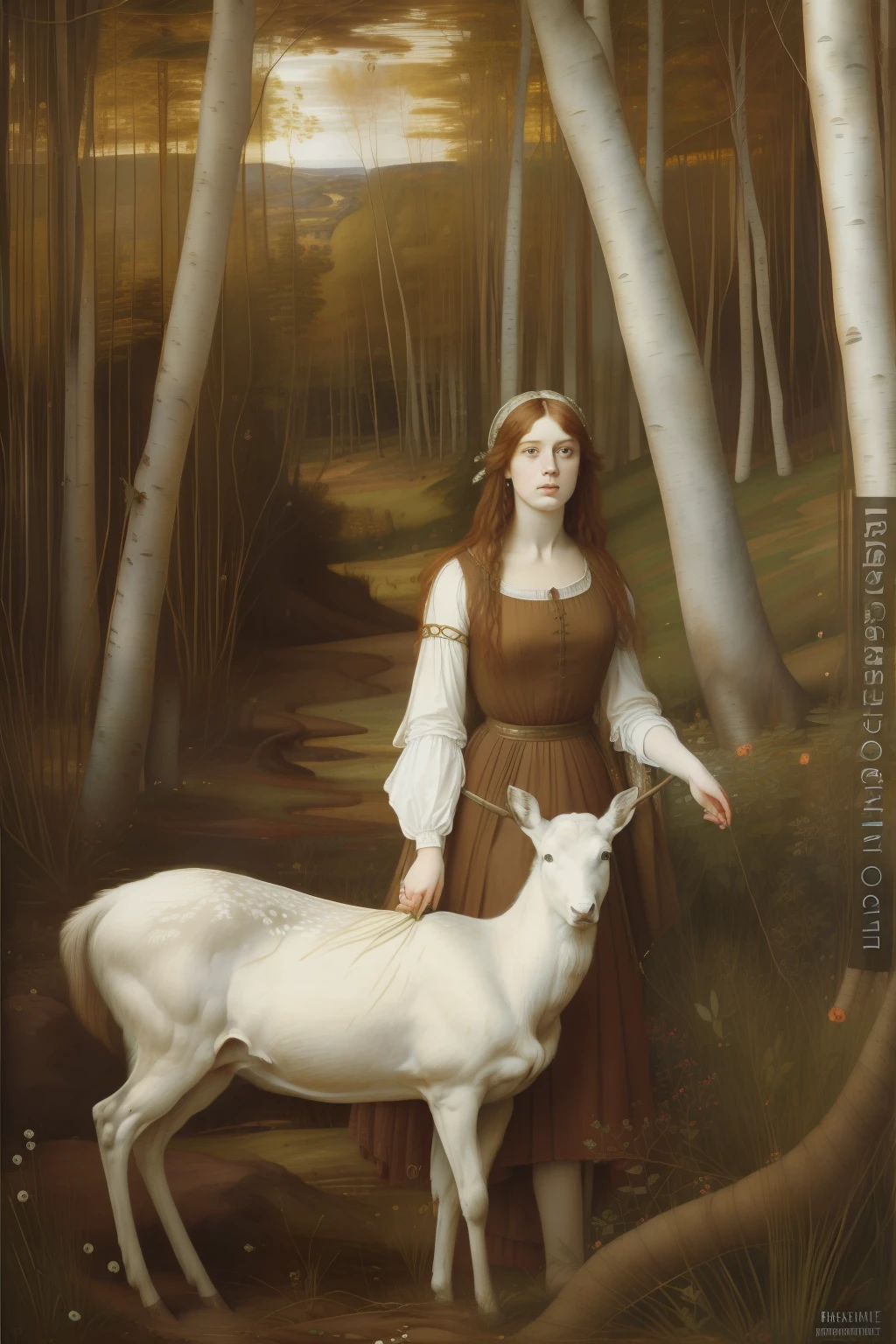 "(((Pre-Raphaelite and Renaissance painting))), qualidade excepcional, incredible details, Portrait of a Celtic maiden and a white deer in a birch forest. paisagem celta, sun sunset."