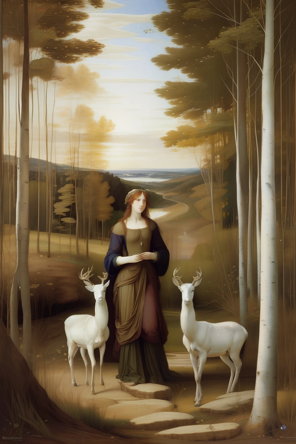 "(((Pre-Raphaelite and Renaissance painting))) , obra-prima, alta qualidade, extremamente detalhada, Painting of a Celtic maiden and a white deer in a birch forest. paisagem celta, sun sunset, druidic."