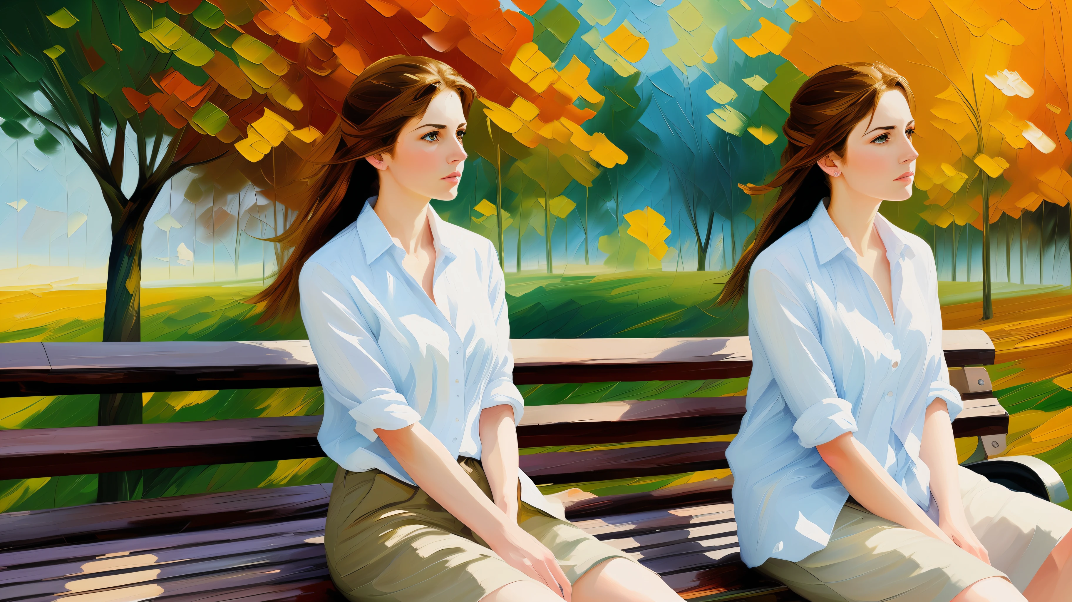 Ultra-detailed woman, (looking thoughtfully into the distance:1.4), in the park, sitting on a bench, full body, outdoors, (not looking at the camera:1.7), (adjusting hair:1.5), (short open shirt:1.2), solo, beautiful detailed sky, (closed mouth), small breasts, beautiful detailed eyes, floating hair, NSFW, seminude bosom, saliva, style-empire, by Alex Huguet, Mike Hill, Ian Spriggs, JaeCheol Park, Marek Denko, picture painted in impressionist style, brushstroke painting technique, palette knife painting, an expressive oil painting, Leonid Afremov