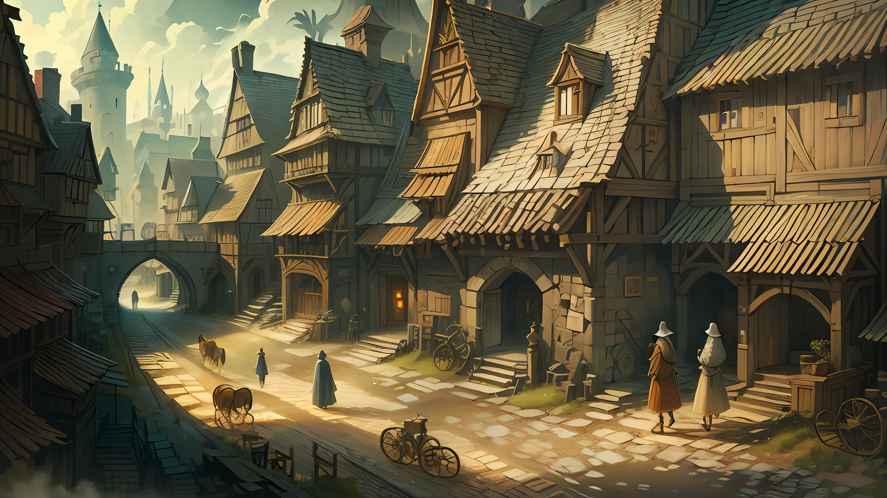 Beautiful illustration of a medieval city street, medieval folk walking the streets, detailed, intricate.