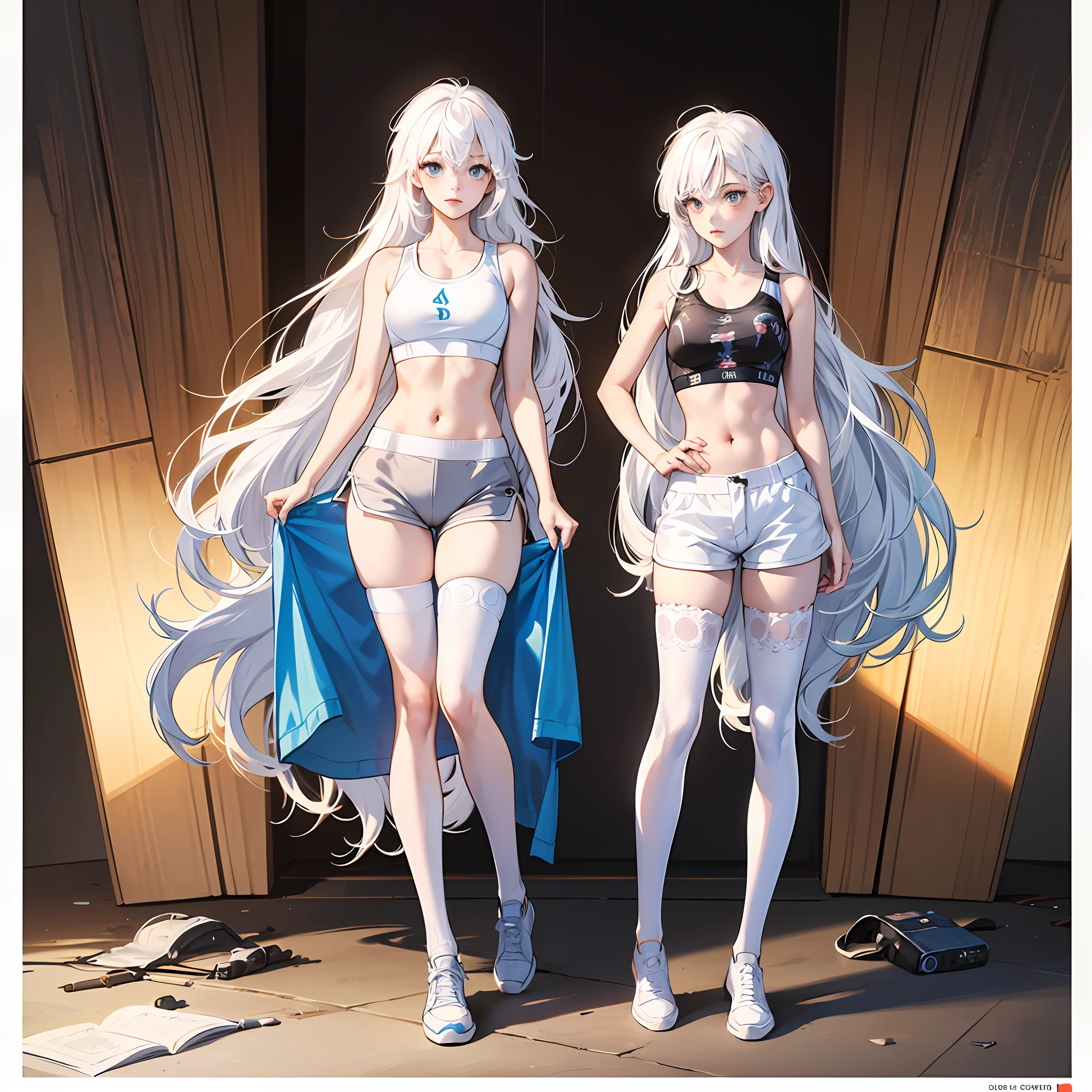 Beauty, ((Clothes damaged)), (((Shy))), ((Legs apart))), ((Sports Bra)), (Shorts), Full Body Drawing, Ultra Detailed, Master Artwork, Highest Quality, 8K Resolution, (Fine Details), ((Extreme Color))), Beautiful Eyes ((Two Side Up), (Detailed Engraving), White Stockings, ((Long White Hair, Messy)) --auto