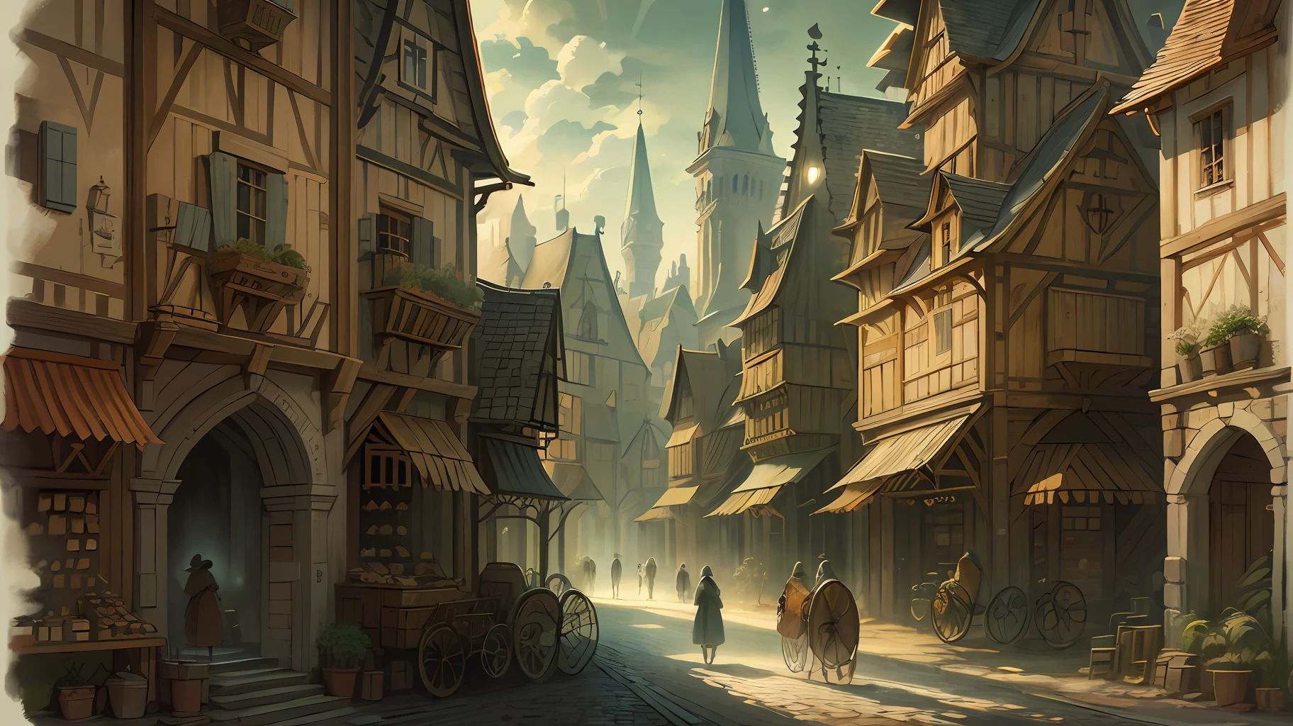 Beautiful illustration of a medieval city street, medieval folk walking the streets, detailed, intricate.
