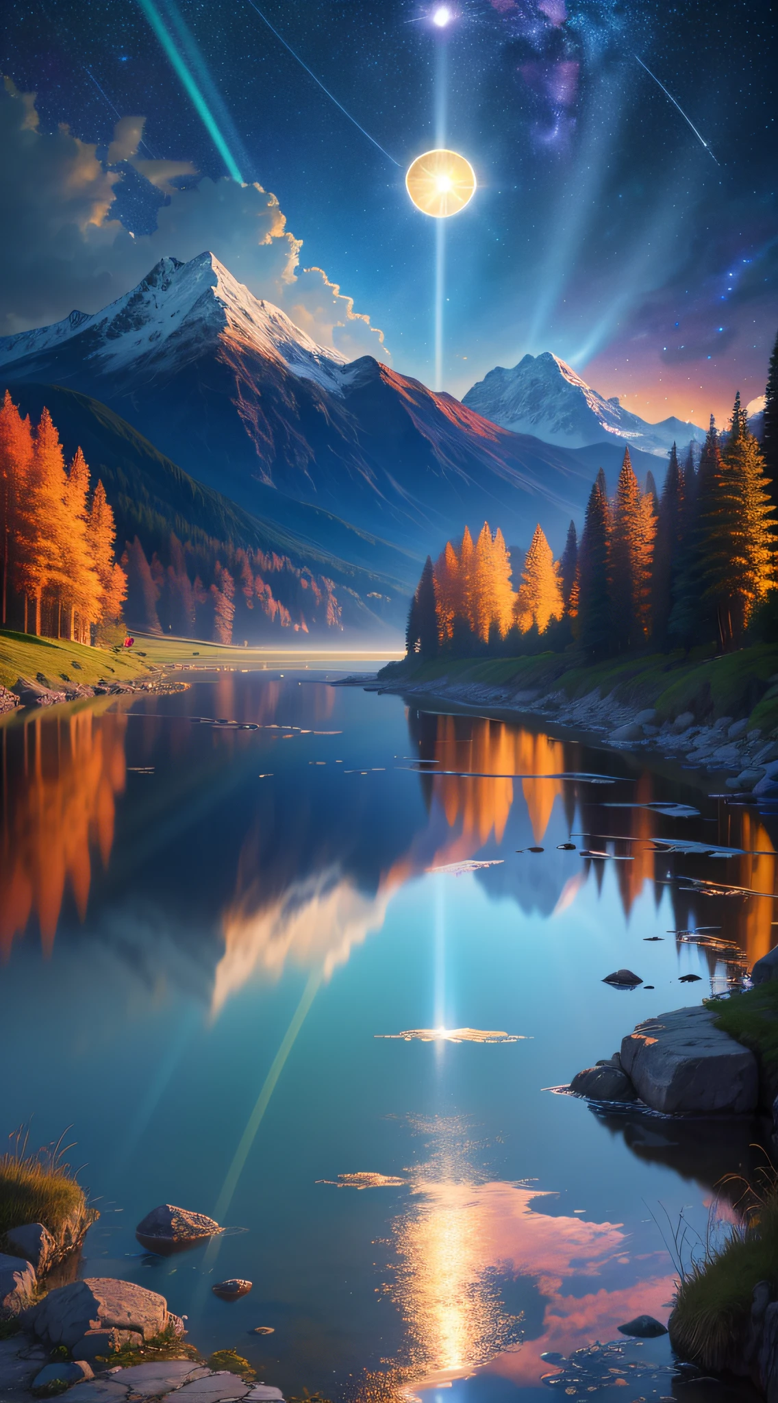 Masterpiece, 8k wallpapers, extremely detailed, best quality, high quality, landscapes. ((Colorful sky)), clouds, (((Full moon, nebula and background stars))), (high mountains), Panorama, , Detail enhancement, Detail enhancement, Flawless. Award-winning photography, Depth of field, HDR, Photorealism, Highly detailed, Intricate, High detail, Dramatic, ((color image)), ((single image)), night, realistic, ((vivid colors)), ((light rays, rays)), mini river, image reflecting in water,