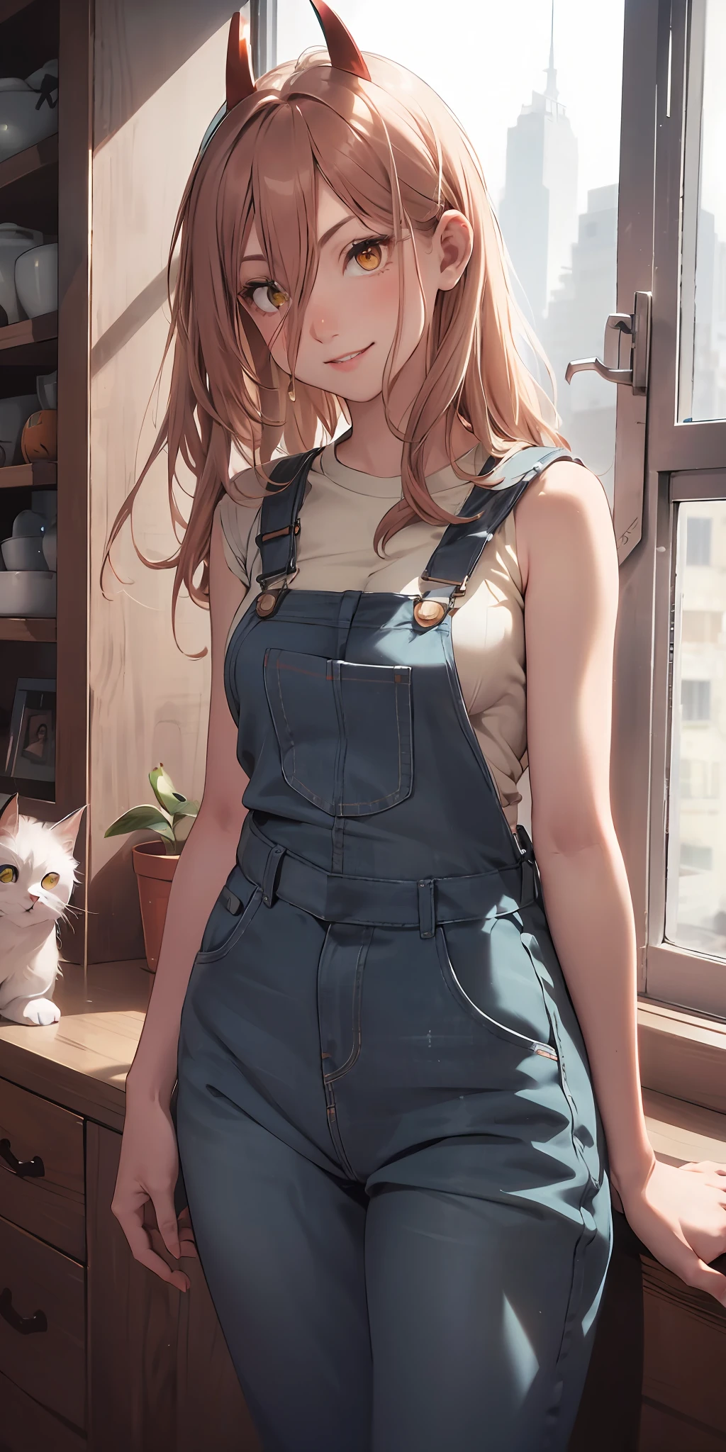 4k, fine detail, ultra high resolution, detailed face, delicate eyes, gradient eyes, gradient hair, light tracing, beautiful skin, (1girl), Overalls, Strap work Pants, A cat, The upper body, Smile and look into the camera