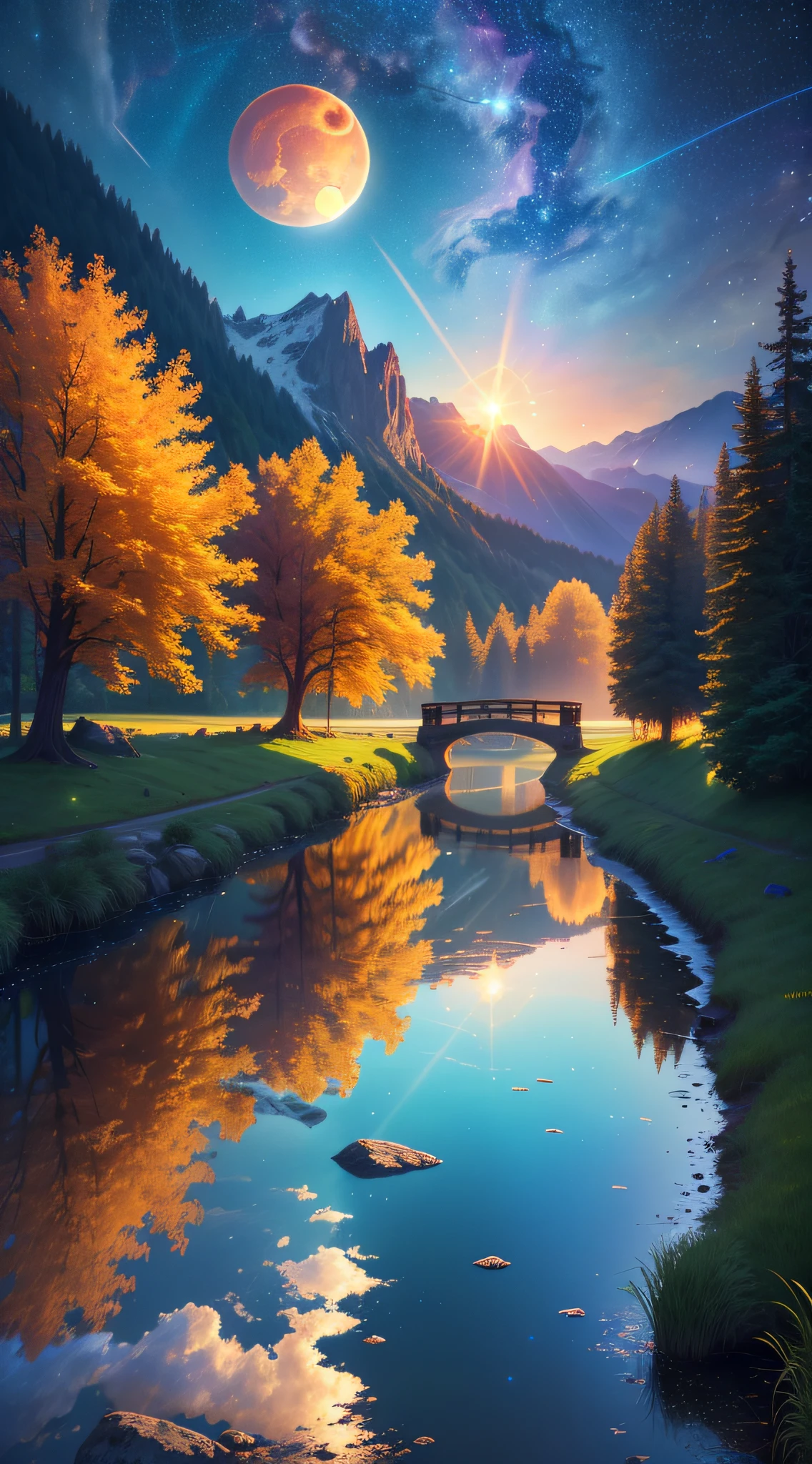 Masterpiece, 8k wallpapers, extremely detailed, best quality, high quality, landscapes. ((Colorful sky)), clouds, (((Full moon, nebula and background stars))), (high mountains), Panorama, , Detail enhancement, Detail enhancement, Flawless. Award-winning photography, Depth of field, HDR, Photorealism, Highly detailed, Intricate, High detail, Dramatic, ((color image)), ((single image)), night, realistic, ((vivid colors)), ((light rays, rays)), mini river, image reflecting in water,