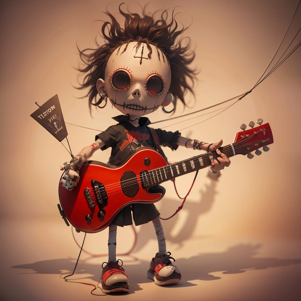 cartoon voodoo doll with a red guitar in his hand, concept art inspired by Jason Teraoka, deviantart , lowbrow, stitches, voodoo!!, stuffed toy, string puppet, creepy marionette puppet, puppet on a string, plush doll, plushie, voodoo, puppet, haunted ,, scary