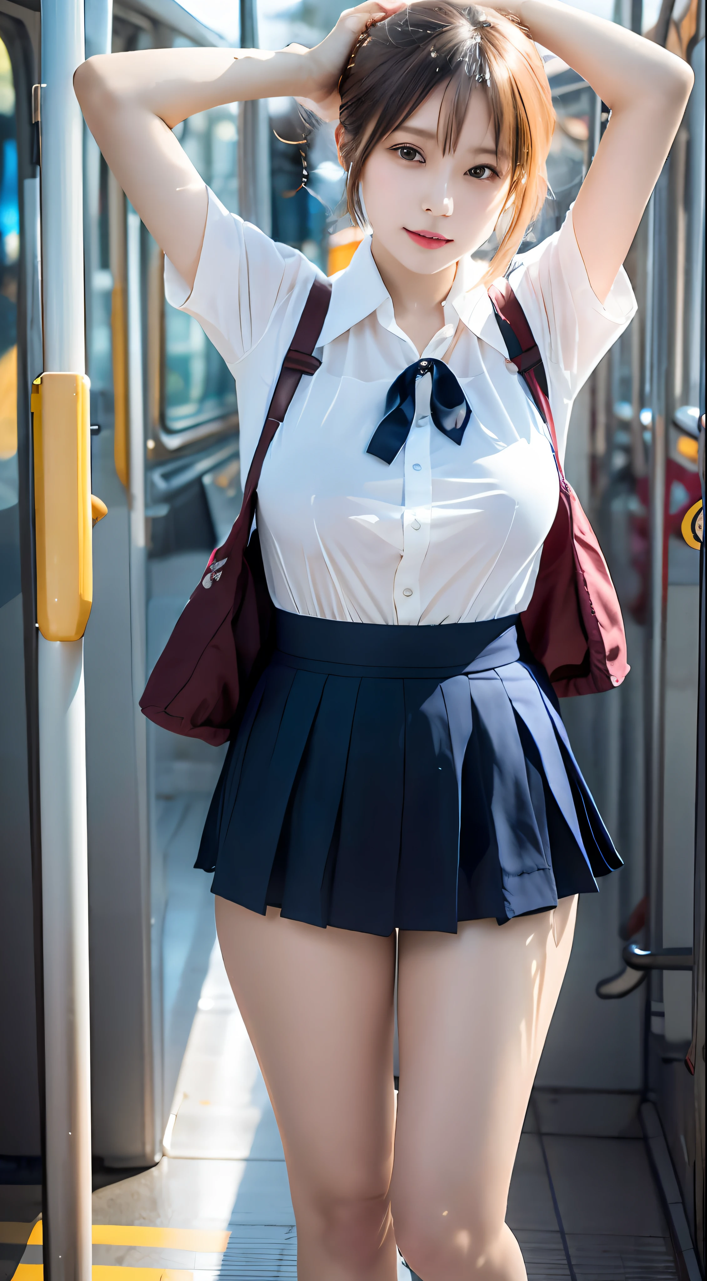 masutepiece, Best Quality, japanaese girl, 8K, Raw photo, top-notch quality, masutepiece, nffsw:1.2, exceptionally detailed RAW color photo, professional-grade photograph, (Realistic, Photorealistic:1.37), (highly detailedskin:1.2), Ultra-high resolution, (lenz 50mm),japanaese girl、a 18 year old girl、Pull Shorthair、blondehair、bangss、Brown-eyed、Perfect figure、Transparency、The sheen、Gloss、discreet breasts、校服、Navy blue ribbon、Light blue shirt、Navy blue skirt、Hikaru、Burning Body、hposing Gravure Idol、on train、Beautiful feet、Strong sunshine、Odious、Rain-drenched body、女優、Gravure idol posing、乃木坂アイドル、韓国アイドル,place one's arms behind one's back,Raise both arms,(Aside)