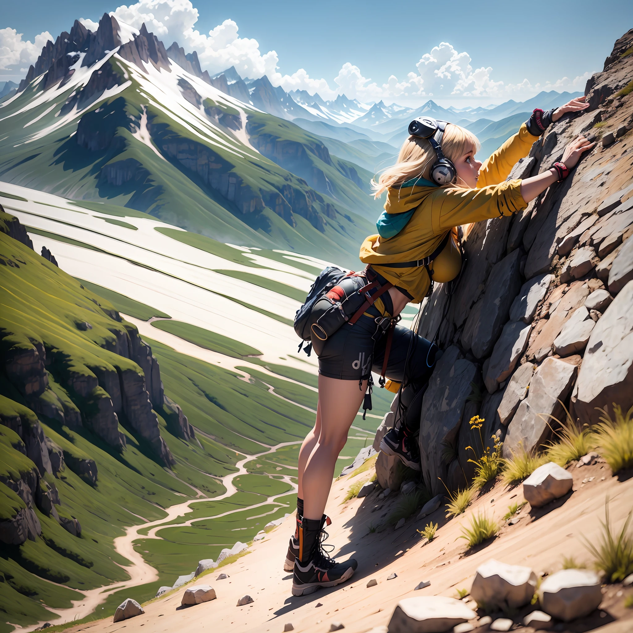 blond girl, climbing, mountain, photorealistic --auto