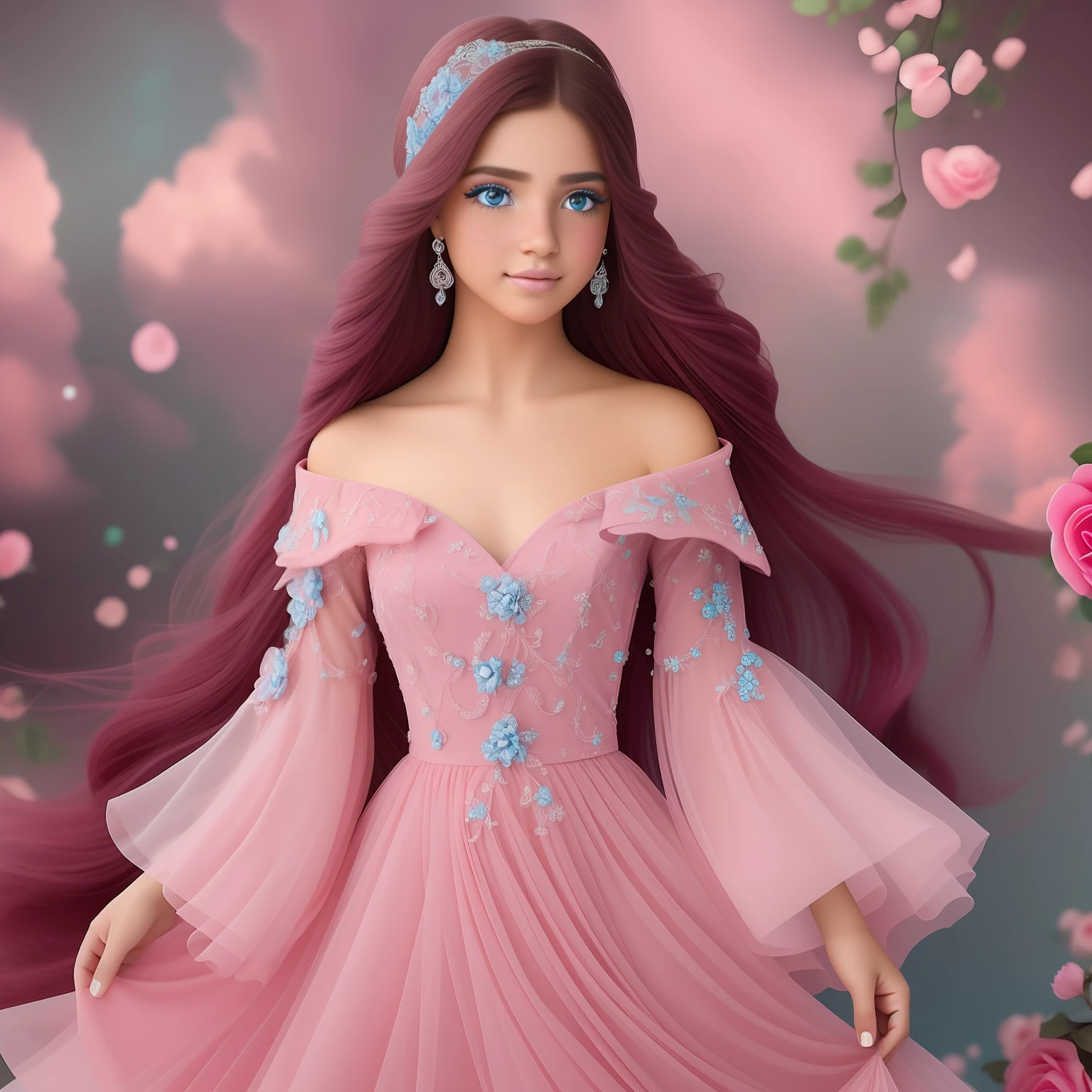 Una mujer preciosa sentada en un vestido (((rosa))) estilo princesa, cabello rubio que fluye, Ojos (((azul cielo))), with small freckles on the face, Detalles intrincados, estilo natural