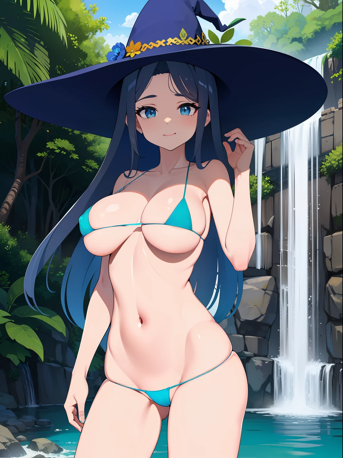 Mulher madura, blue skies, cabelo ondulado preto, olhos azuis, espetacular, sorriso lascivo, cena de corpo inteiro, micro bikini dourado rose, roupas de bruxa, witch hat, (Fundo detalhados: ancient ruins, waterfall, jungle), pele brilhante, rosto detalhado, olhos detalhados, anatomia perfeita, camelo, bichano a mostra, virilha inchada, dynamic pose, Approaching perfection, Dynamic, altamente detalhado, (rosto bonito e detalhado, belos olhos detalhados), de frente para o espectador, seductiveexpression,