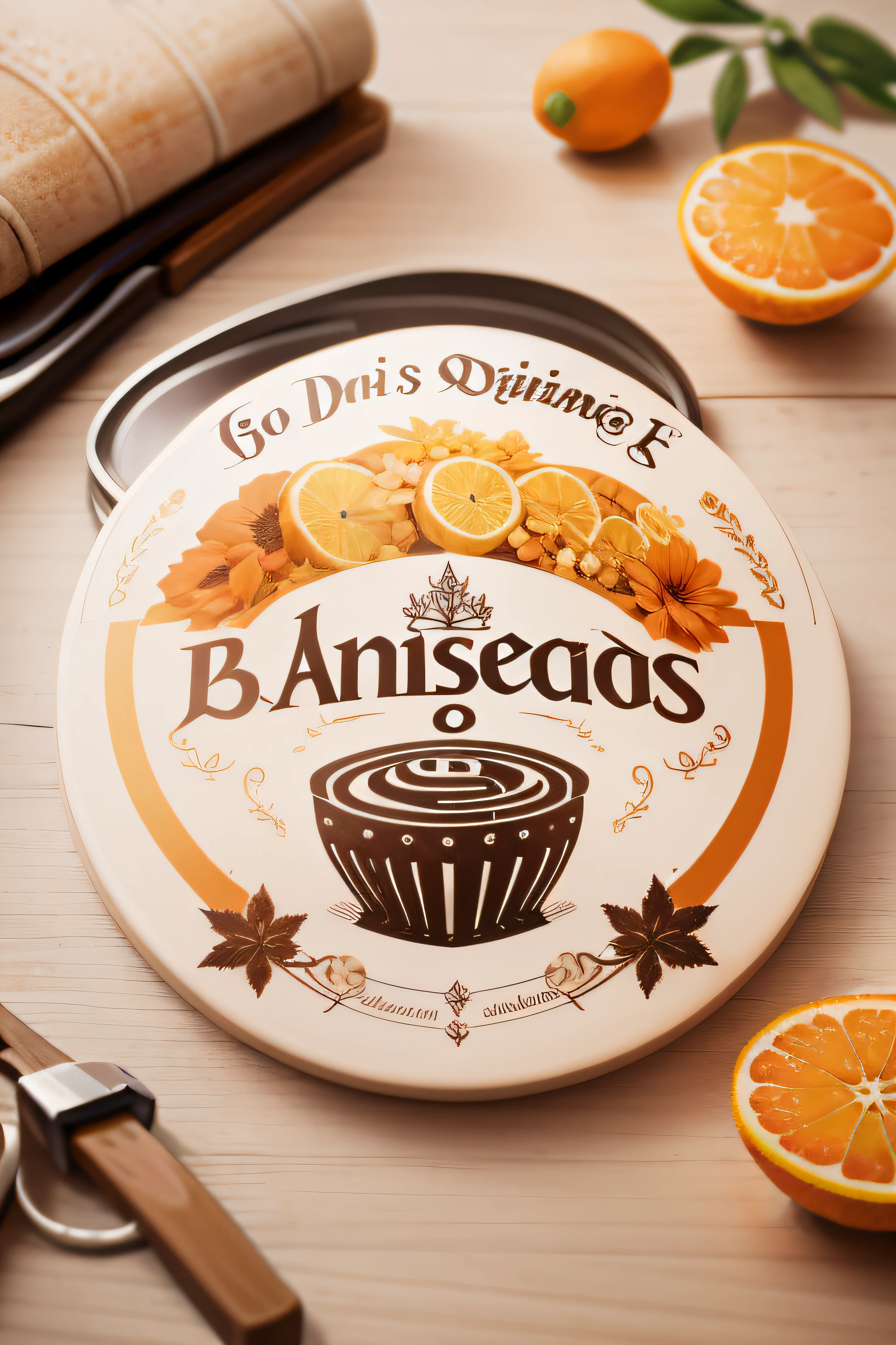 There is a cake pan with a plate next to some oranges, Danhausen, foto oficial do produto, amazing food illustration, defendeu Galvanauskas, Balaskas, denoizado, Badass, denoised photorealistic render, design de embalagens, Intricate Art Deco Pasta Designs, Packshot, Directed by: Demetrios Farmakopoulos