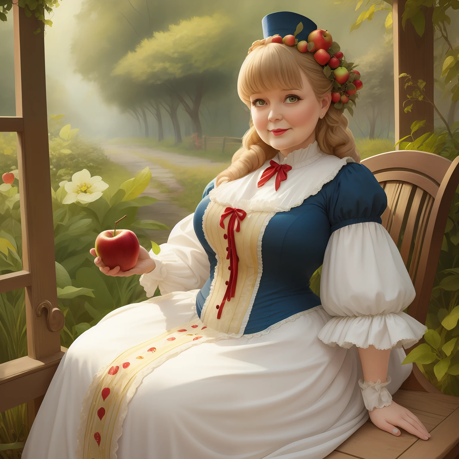Anthropomorphic caterpillar, not a human, full-length, 50 years old, fat lady, apple hair, Victorian costume, pattern, discreet soft colors